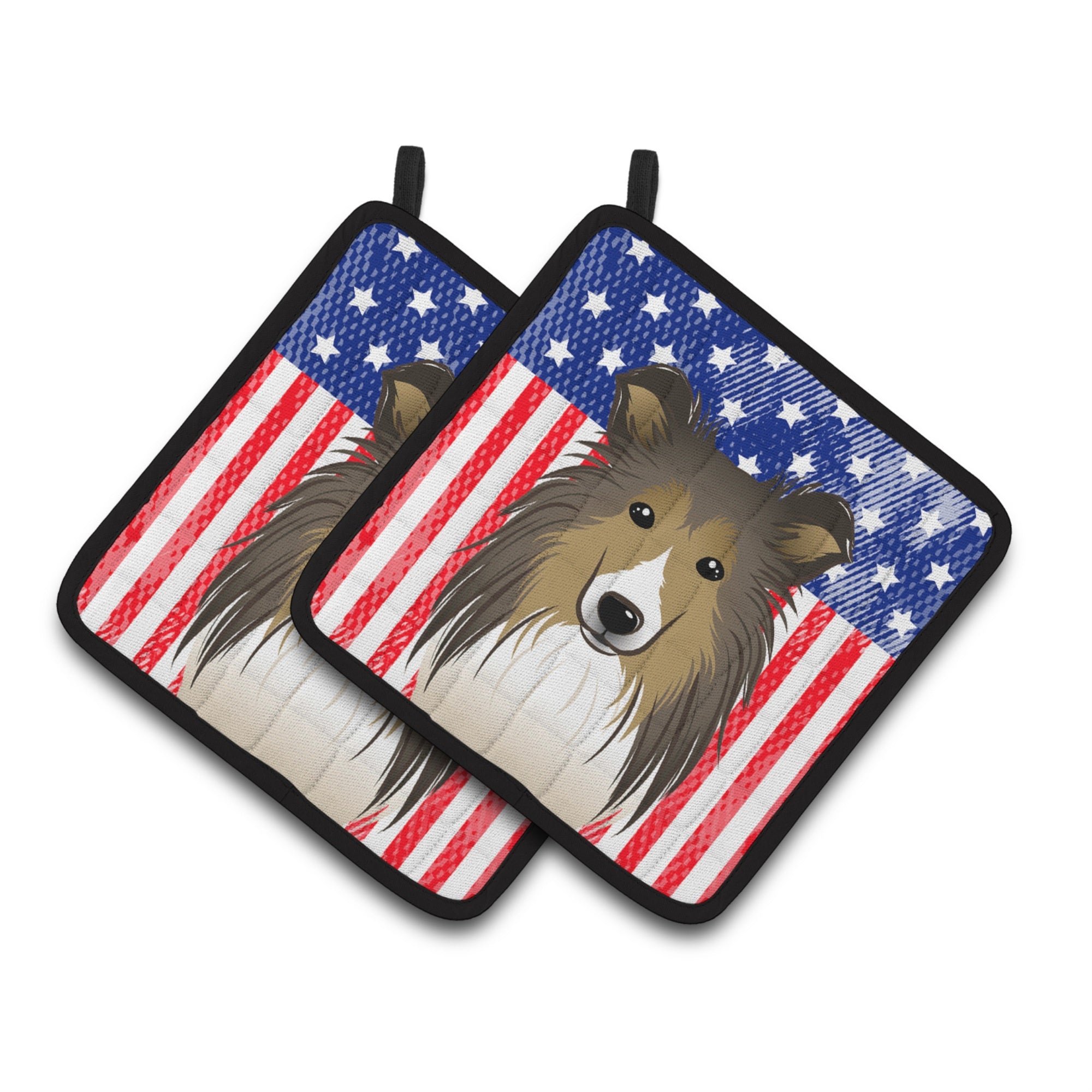 'Caroline'S Treasures American Flag & Sheltie Pair Of Pot Holders Bb2172Pthd, 7.5Hx7.5W, Multicolor''