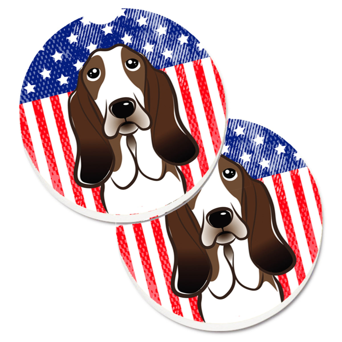 'Caroline'S Treasures American Flag & Basset Hound Set Of 2 Cup Holder Car Coasters Bb2173Carc, 2.56, Multicolor''