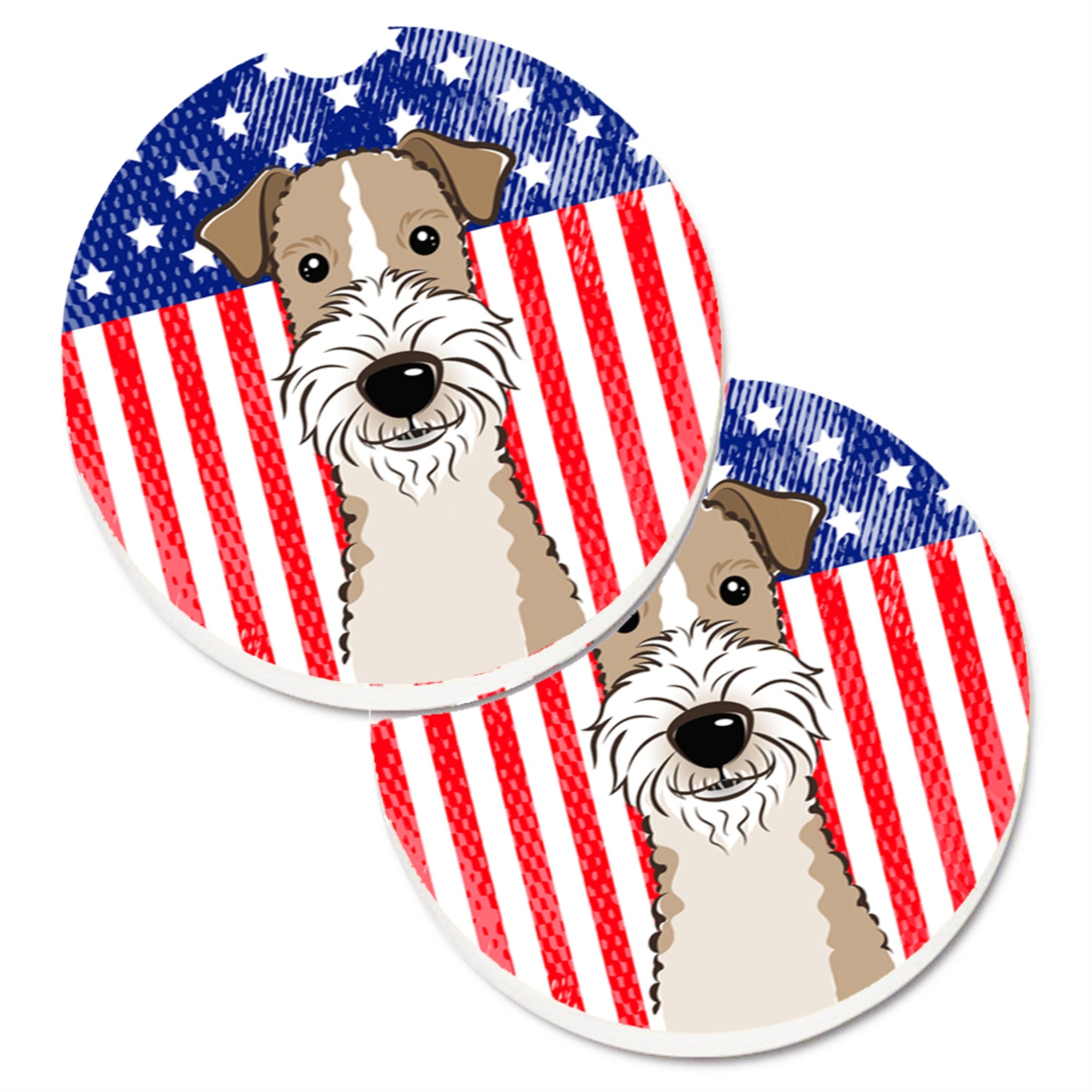 'Caroline'S Treasures American Flag & Wire Haired Fox Terrier Set Of 2 Cup Holder Car Coasters Bb2177Carc, 2.56, Multicolor''