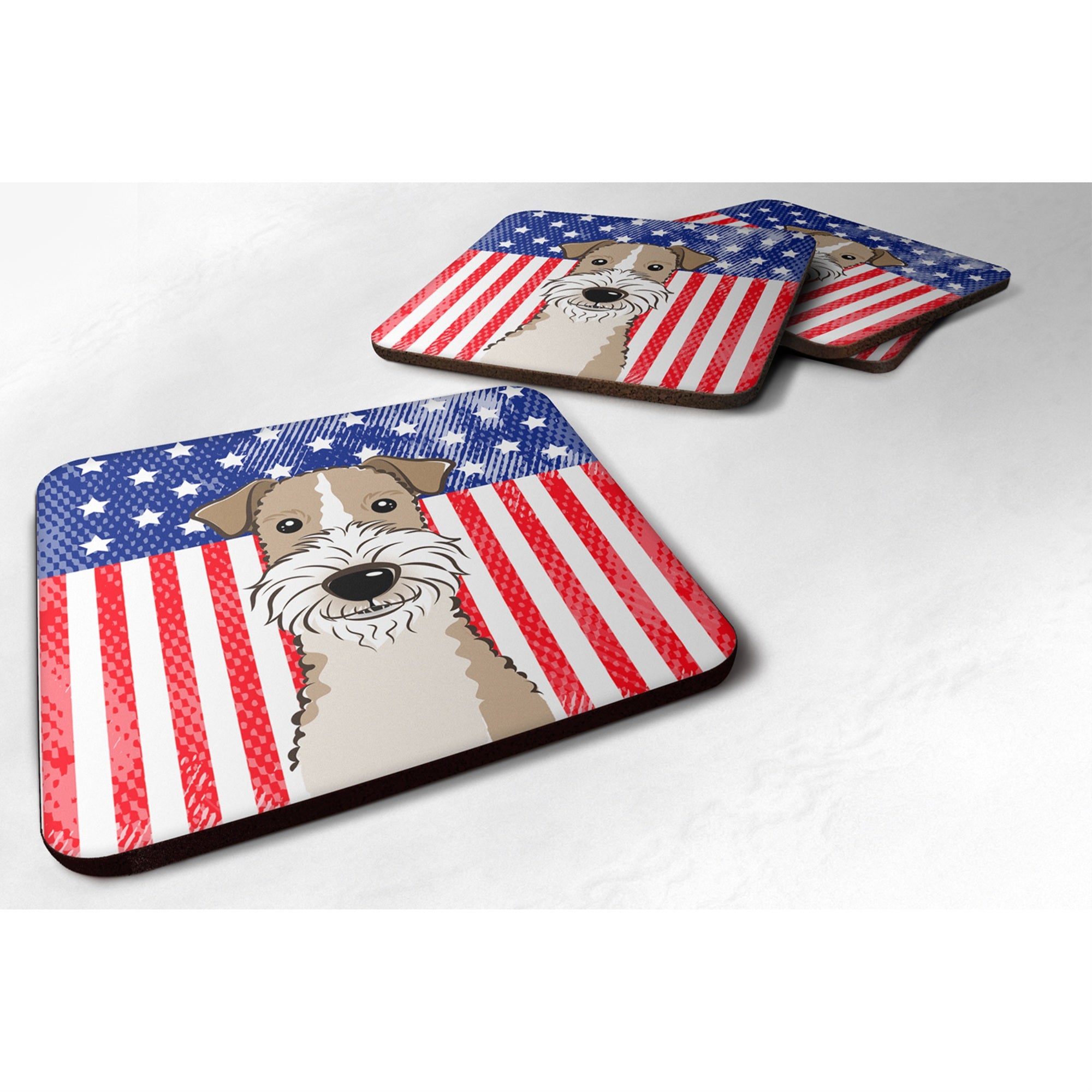 'Caroline'S Treasures Bb2177Fc American Flag And Wire Haired Fox Terrier Foam Coaster (Set Of 4), 3.5'''', Multicolor''
