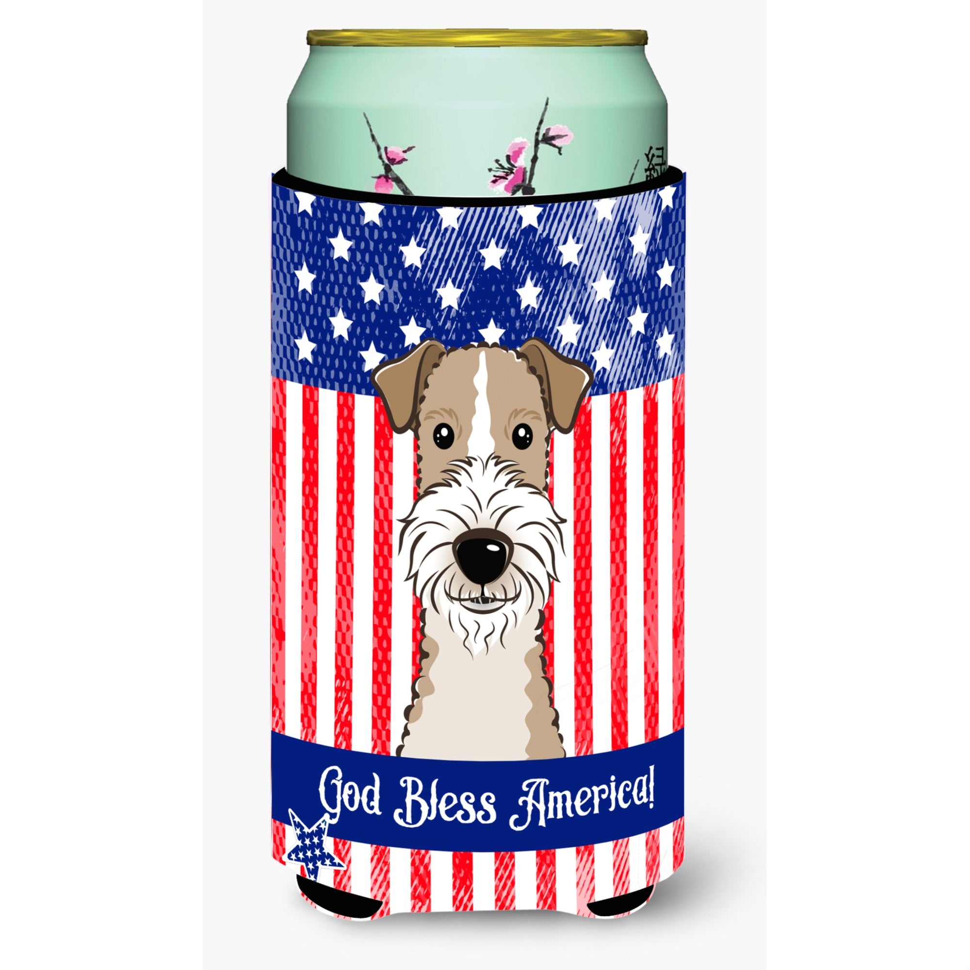 'Caroline'S Treasures Bb2177Tbc ''''God Bless American Flag With Wire Haired Fox Terrier'''' Tall Boy Hugger Koozie, Multicolor