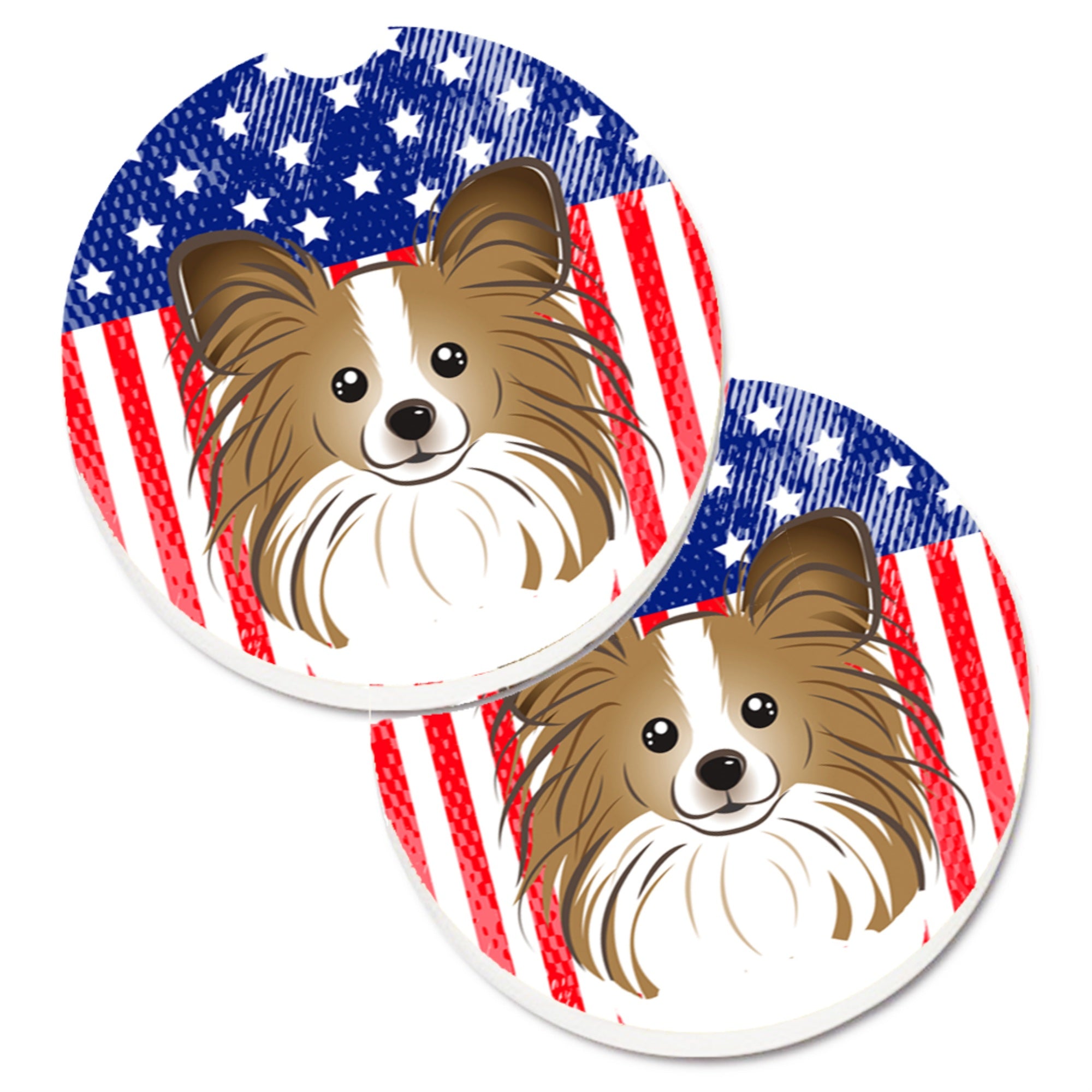 'Caroline'S Treasures American Flag & Papillon Set Of 2 Cup Holder Car Coasters Bb2178Carc, 2.56, Multicolor''