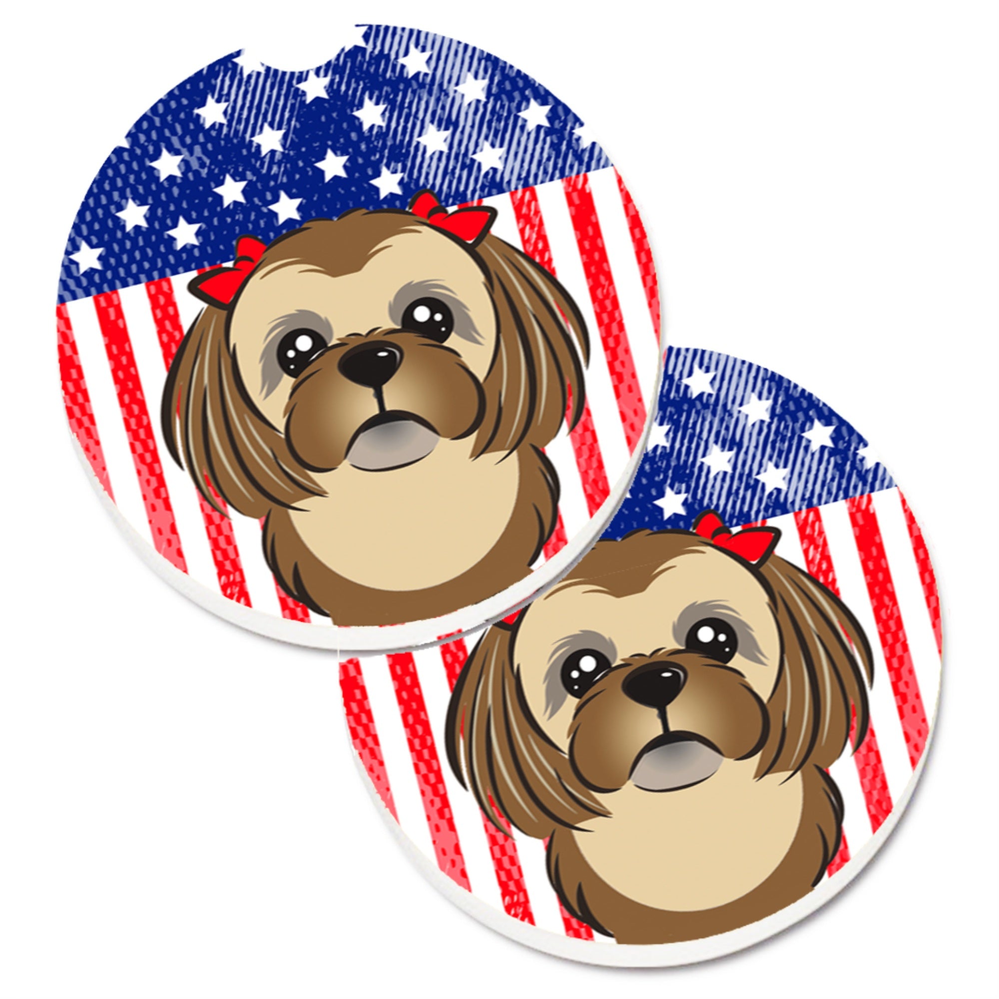 'Caroline'S Treasures American Flag & Chocolate Brown Shih Tzu Set Of 2 Cup Holder Car Coasters Bb2179Carc, 2.56, Multicolor''