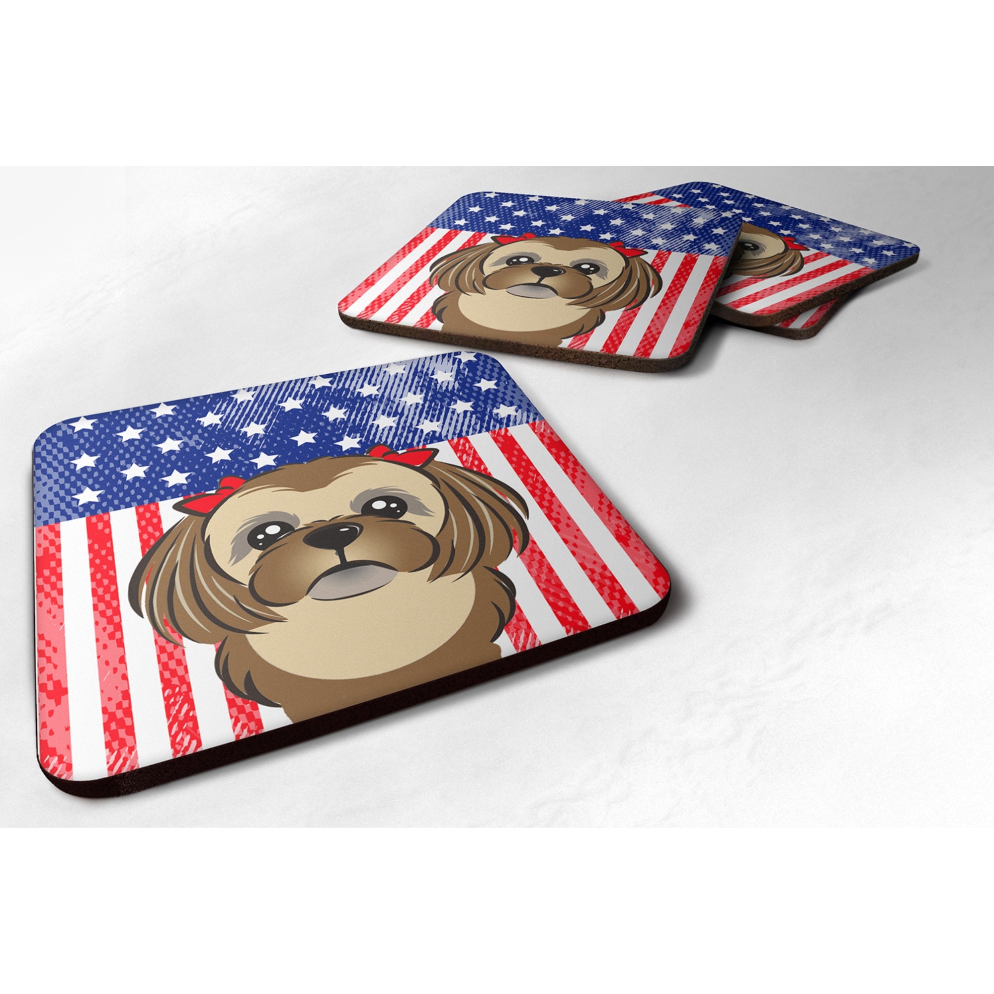 'Caroline'S Treasures Bb2179Fc American Flag And Chocolate Brown Shih Tzu Foam Coaster (Set Of 4), 3.5'''', Multicolor''