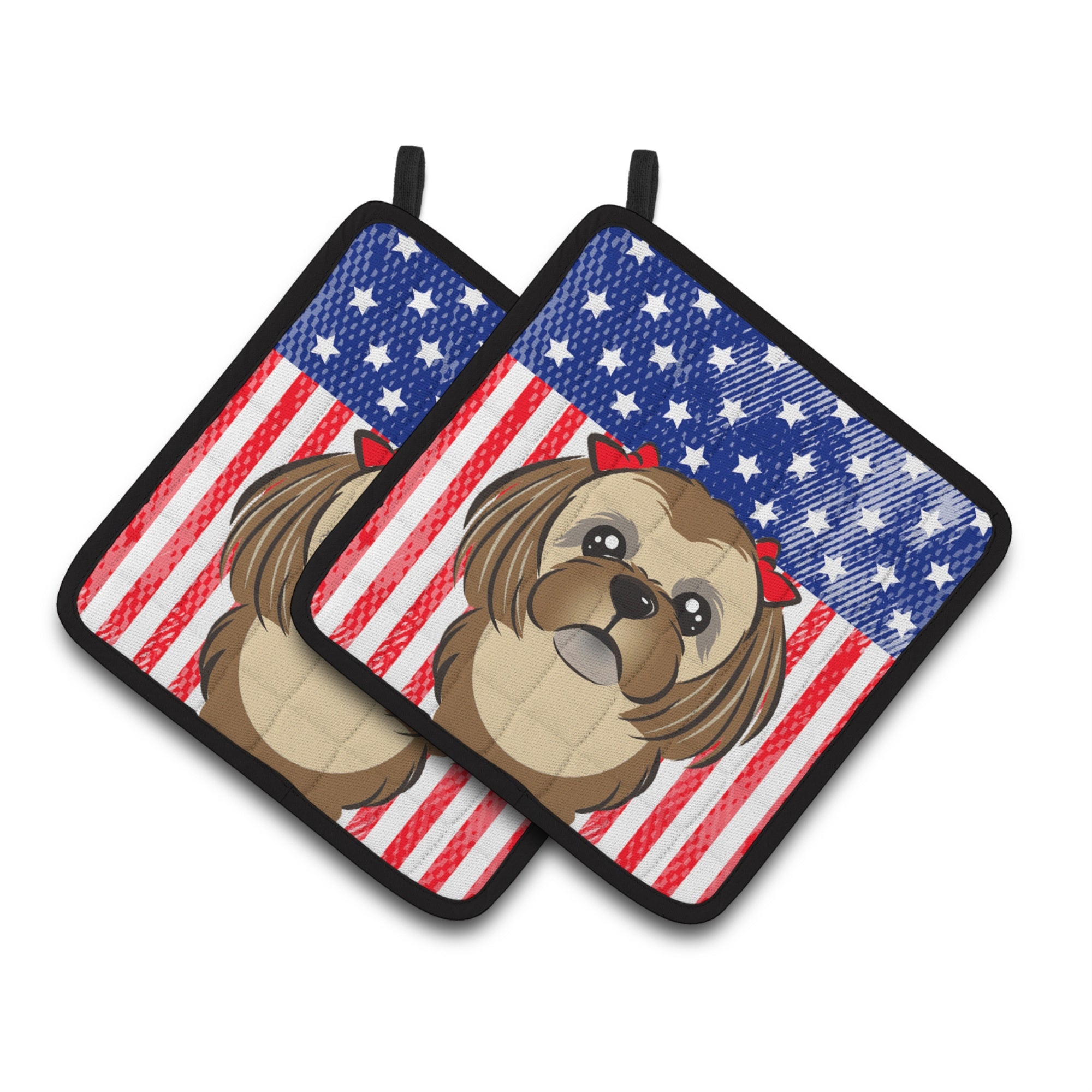 'Caroline'S Treasures American Flag & Chocolate Brown Shih Tzu Pair Of Pot Holders Bb2179Pthd, 7.5Hx7.5W, Multicolor''