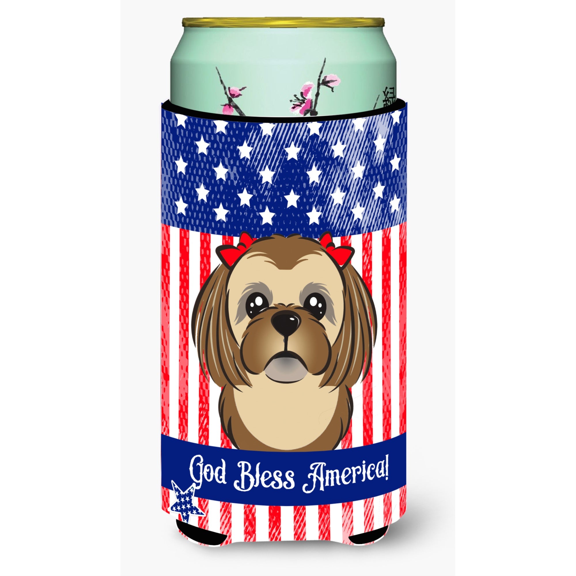 'Caroline'S Treasures Bb2179Tbc ''''God Bless American Flag With Chocolate Brown Shih Tzu'''' Tall Boy Hugger Koozie, Multicolo