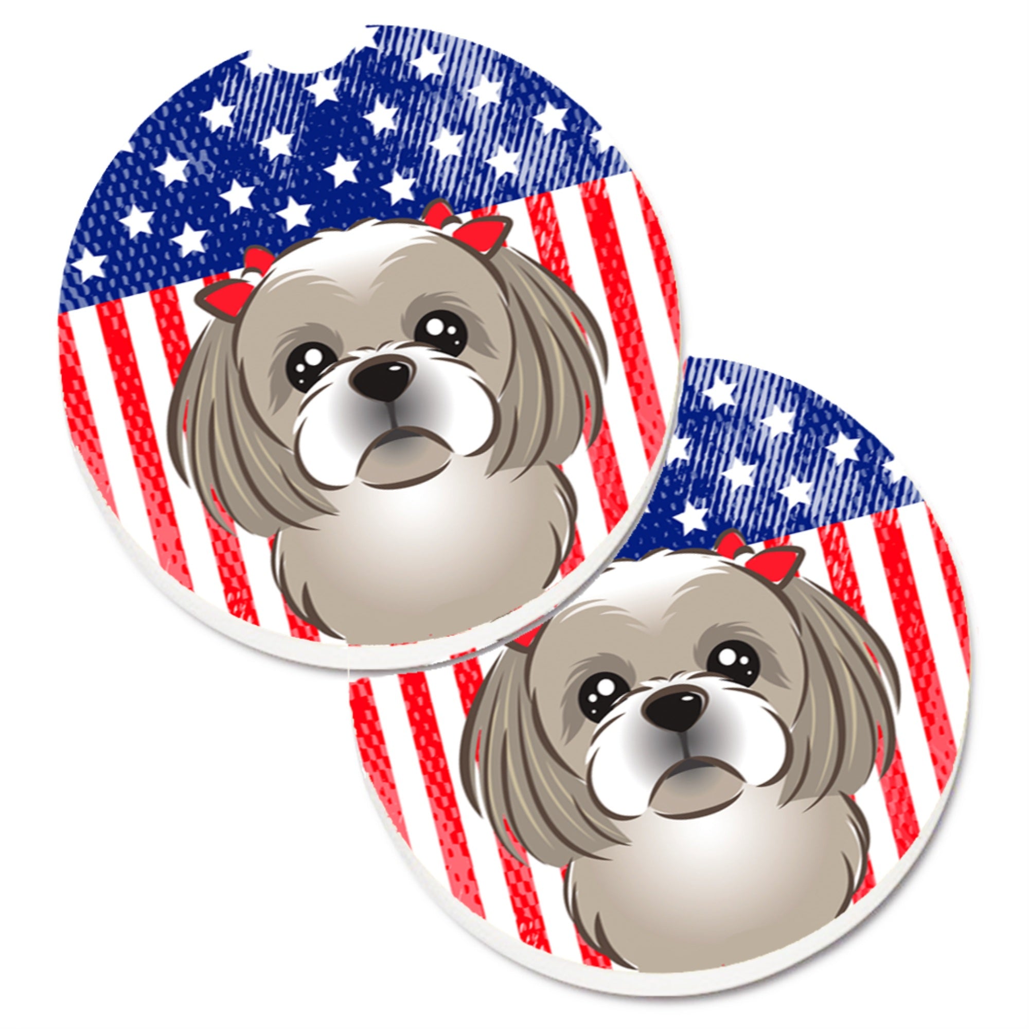 'Caroline'S Treasures American Flag & Gray Silver Shih Tzu Set Of 2 Cup Holder Car Coasters Bb2180Carc, 2.56, Multicolor''