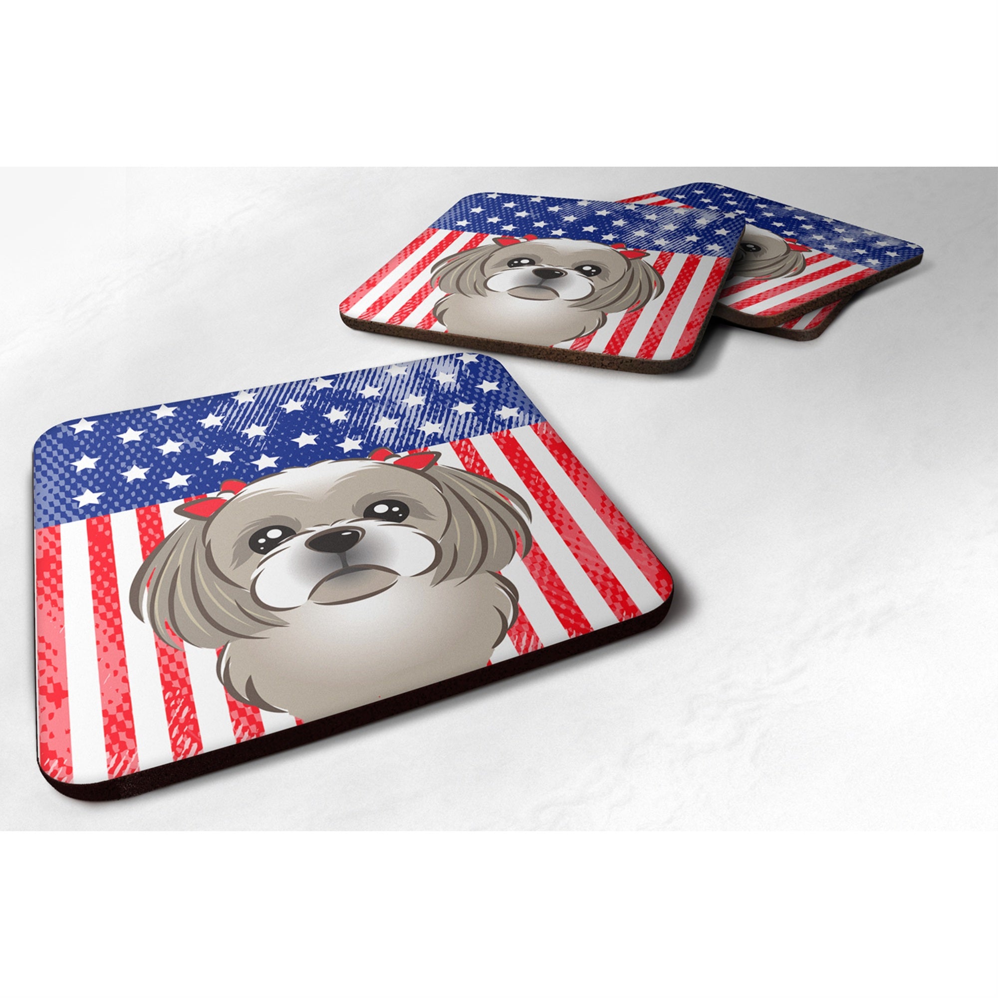 'Caroline'S Treasures Bb2180Fc American Flag And Gray Silver Shih Tzu Foam Coaster (Set Of 4), 3.5'''', Multicolor''