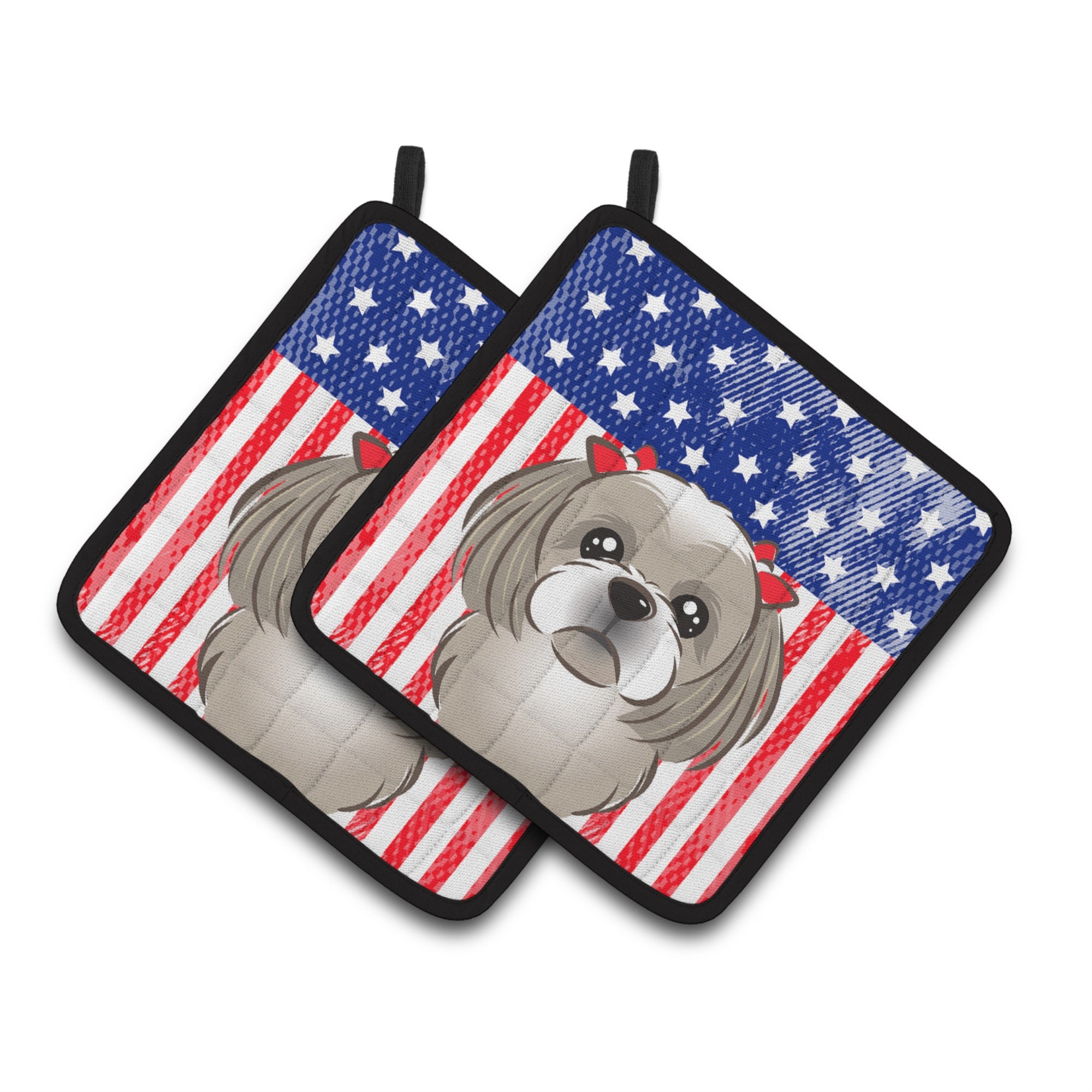 'Caroline'S Treasures American Flag & Gray Silver Shih Tzu Pair Of Pot Holders Bb2180Pthd, 7.5Hx7.5W, Multicolor''