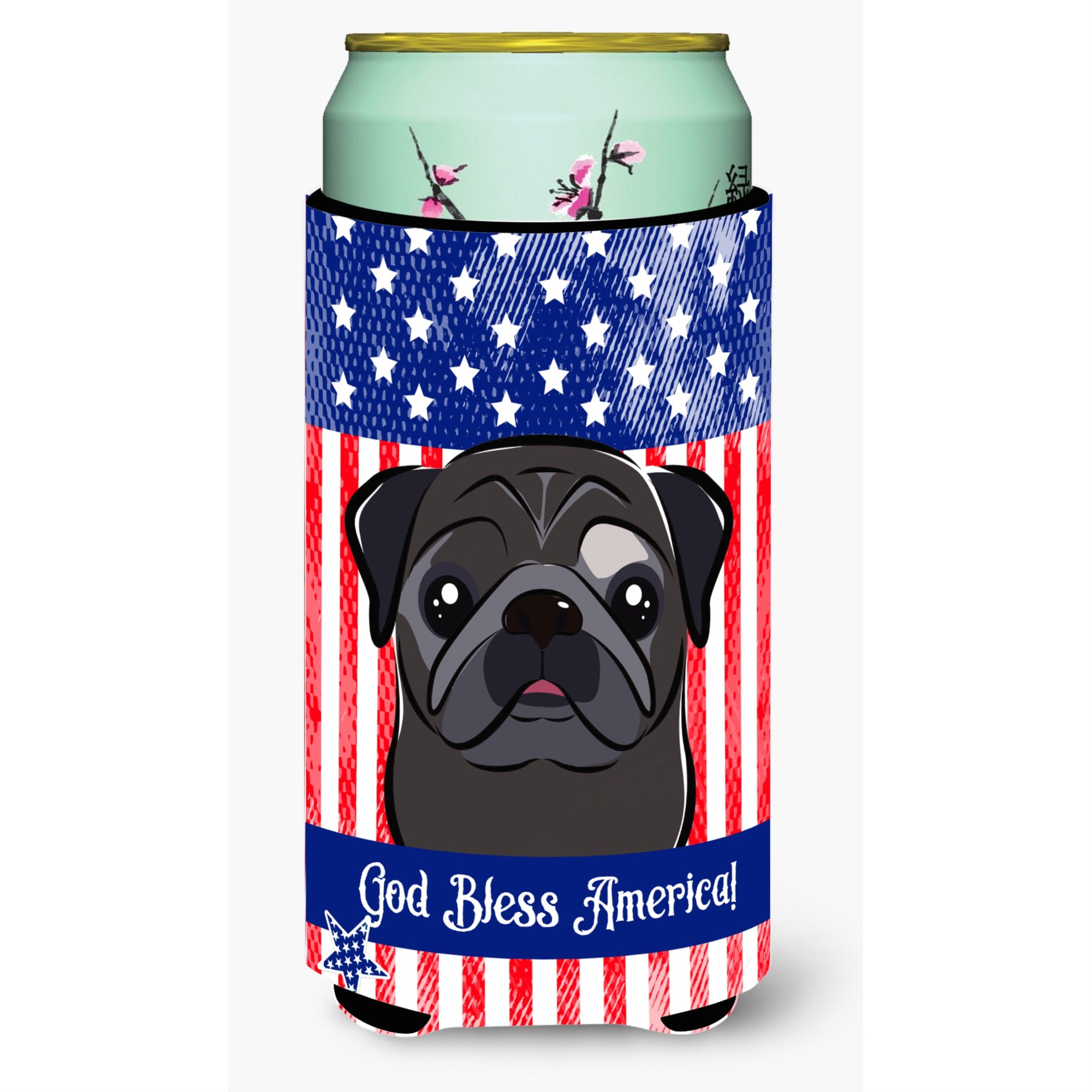 'Caroline'S Treasures Bb2193Tbc ''''God Bless American Flag With Black Pug'''' Tall Boy Hugger Koozie, Multicolor''