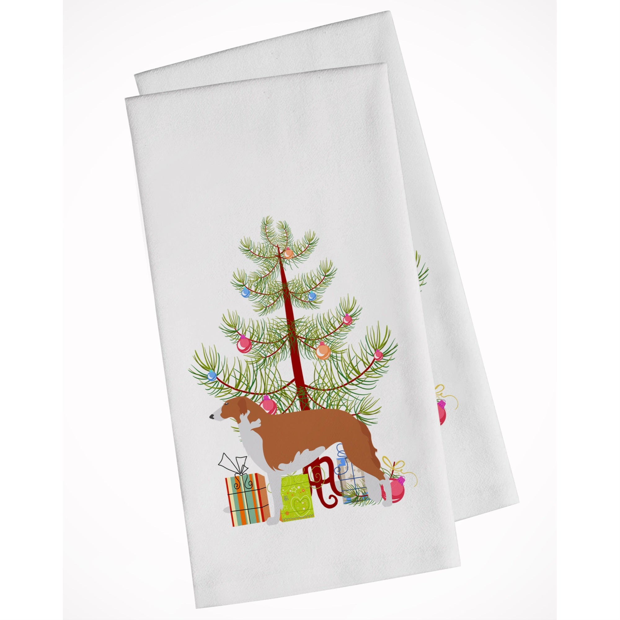 Borzoi Russian Greyhound Merry Christmas Tree White Kitchen Towel Set Of 2
