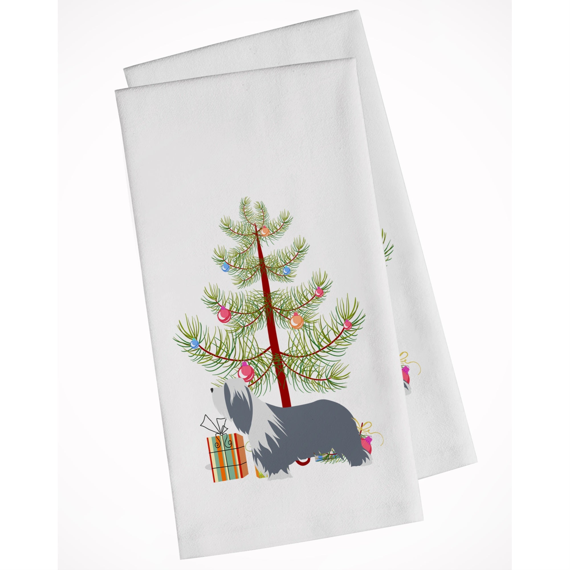 Bearded Collie Dog Merry Christmas Tree White Kitchen Towel Set Of 2