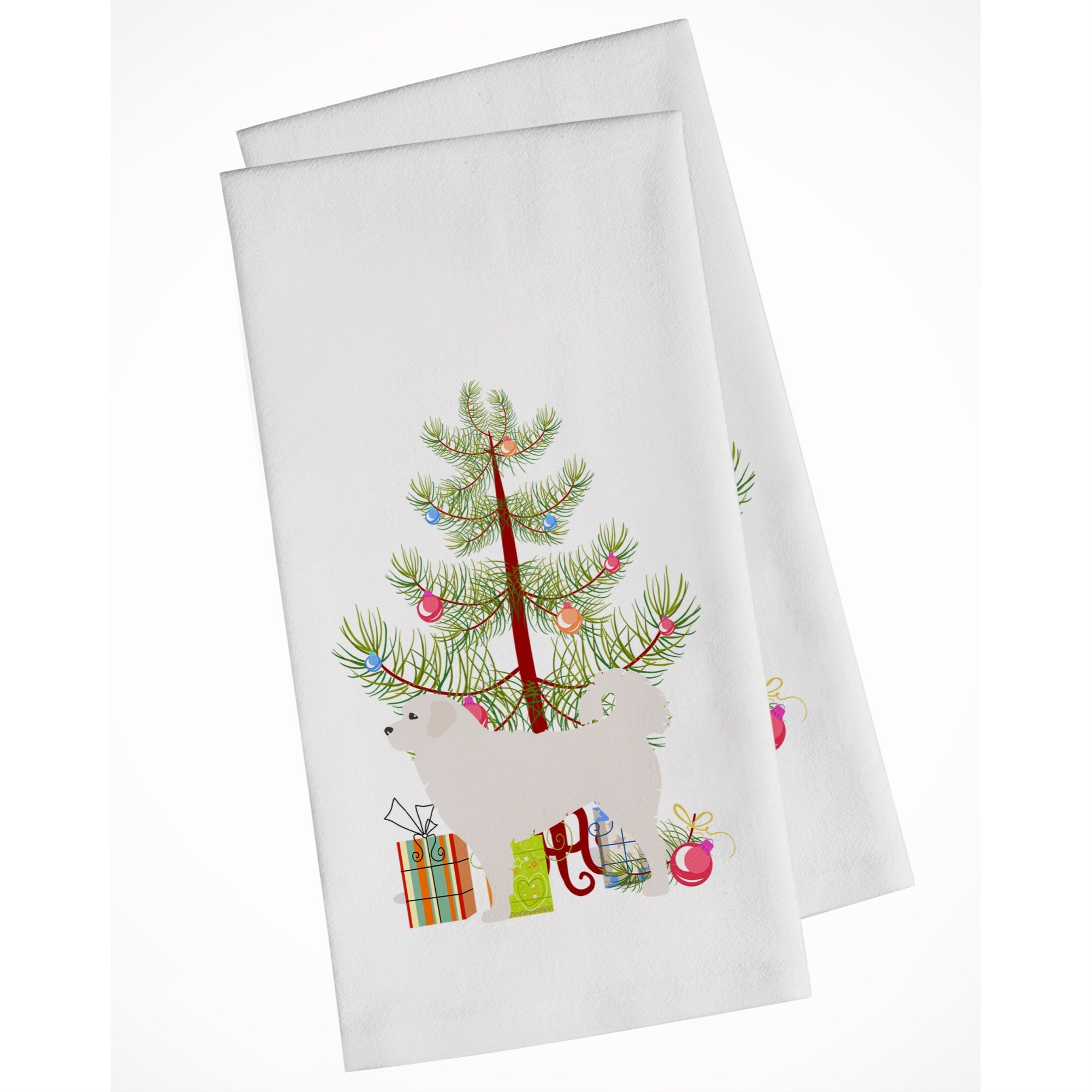 Polish Tatra Sheepdog Merry Christmas Tree White Kitchen Towel Set Of 2