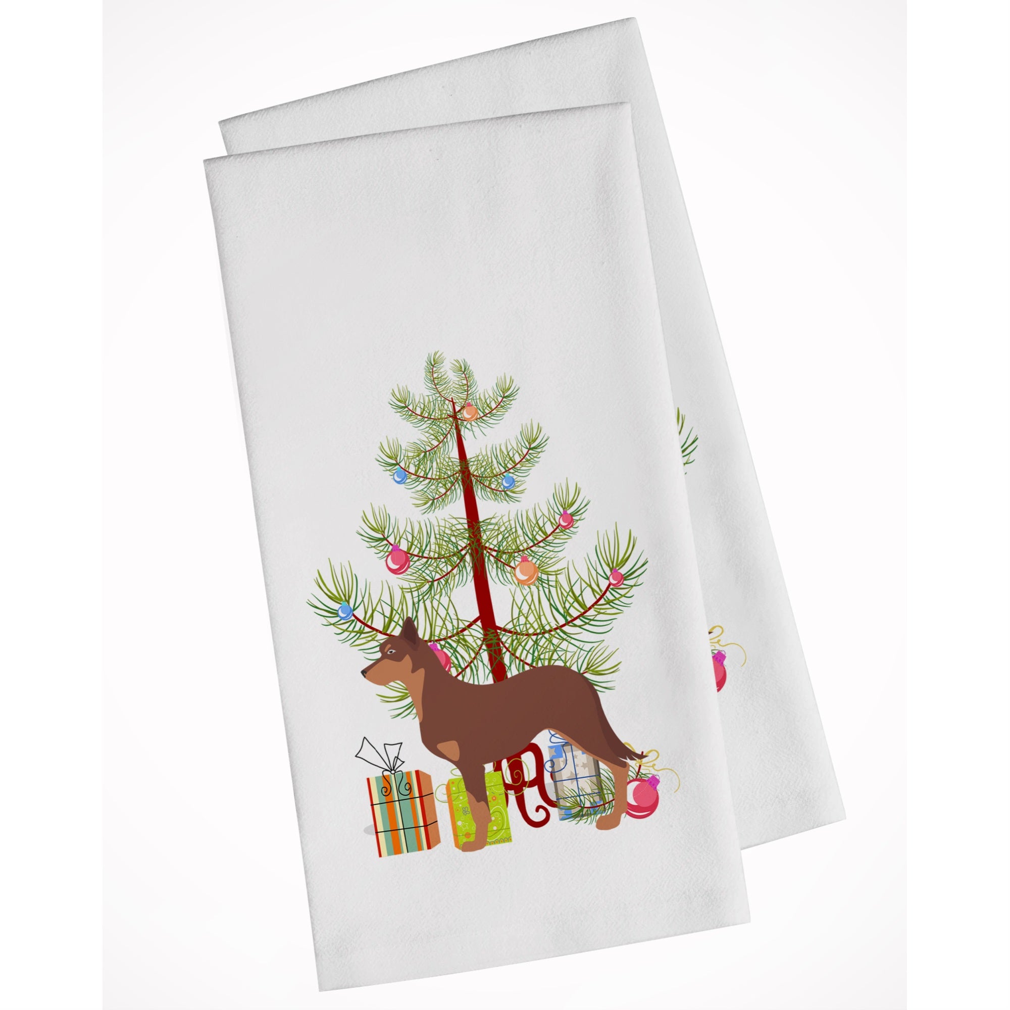 Australian Kelpie Dog Merry Christmas Tree White Kitchen Towel Set Of 2