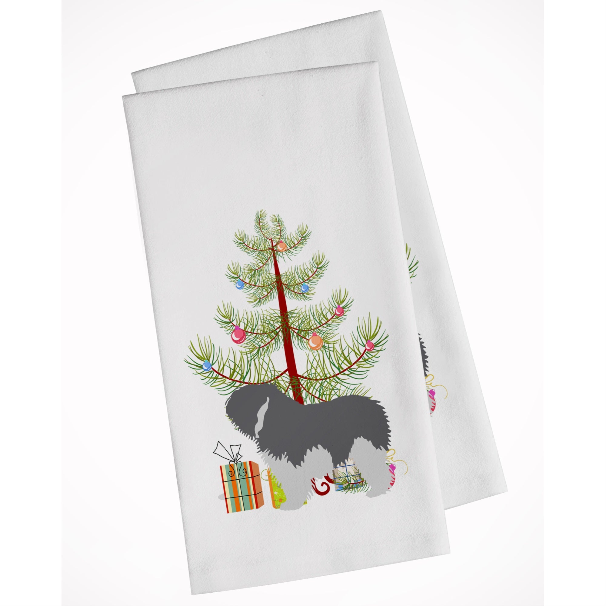 Polish Lowland Sheepdog Dog Merry Christmas Tree White Kitchen Towel Set Of 2