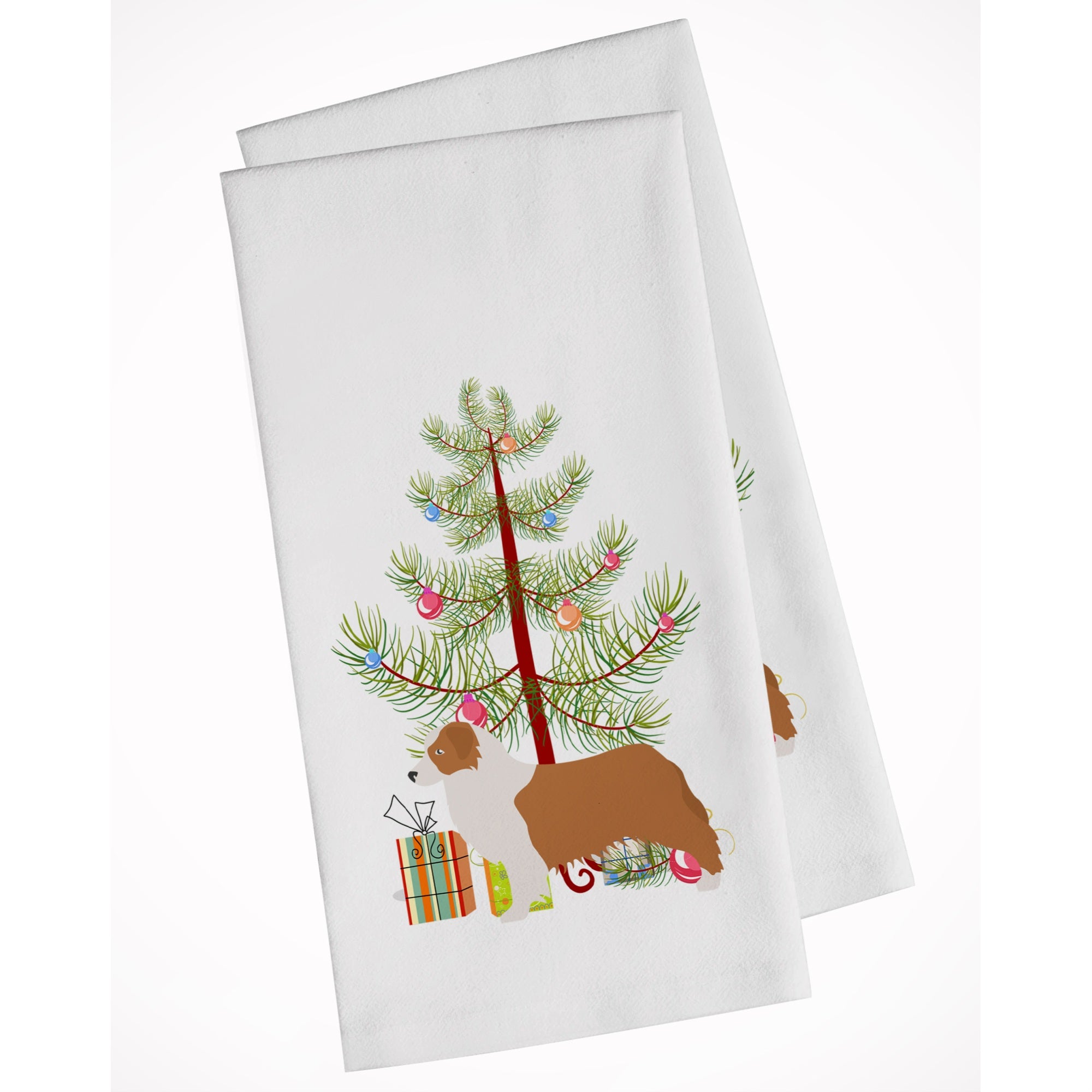 Australian Shepherd Dog Merry Christmas Tree White Kitchen Towel Set Of 2