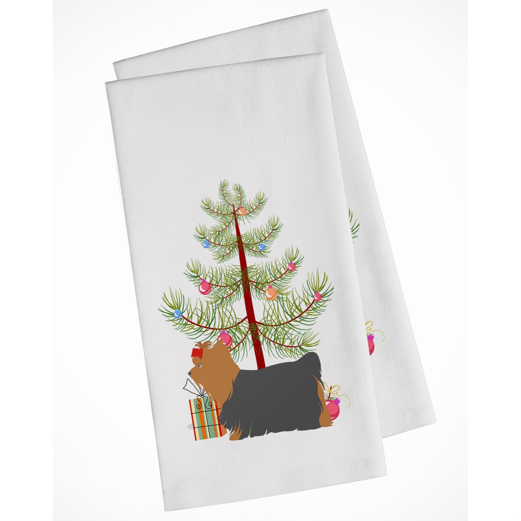 Yorkshire Terrier Yorkie Merry Christmas Tree White Kitchen Towel Set Of 2