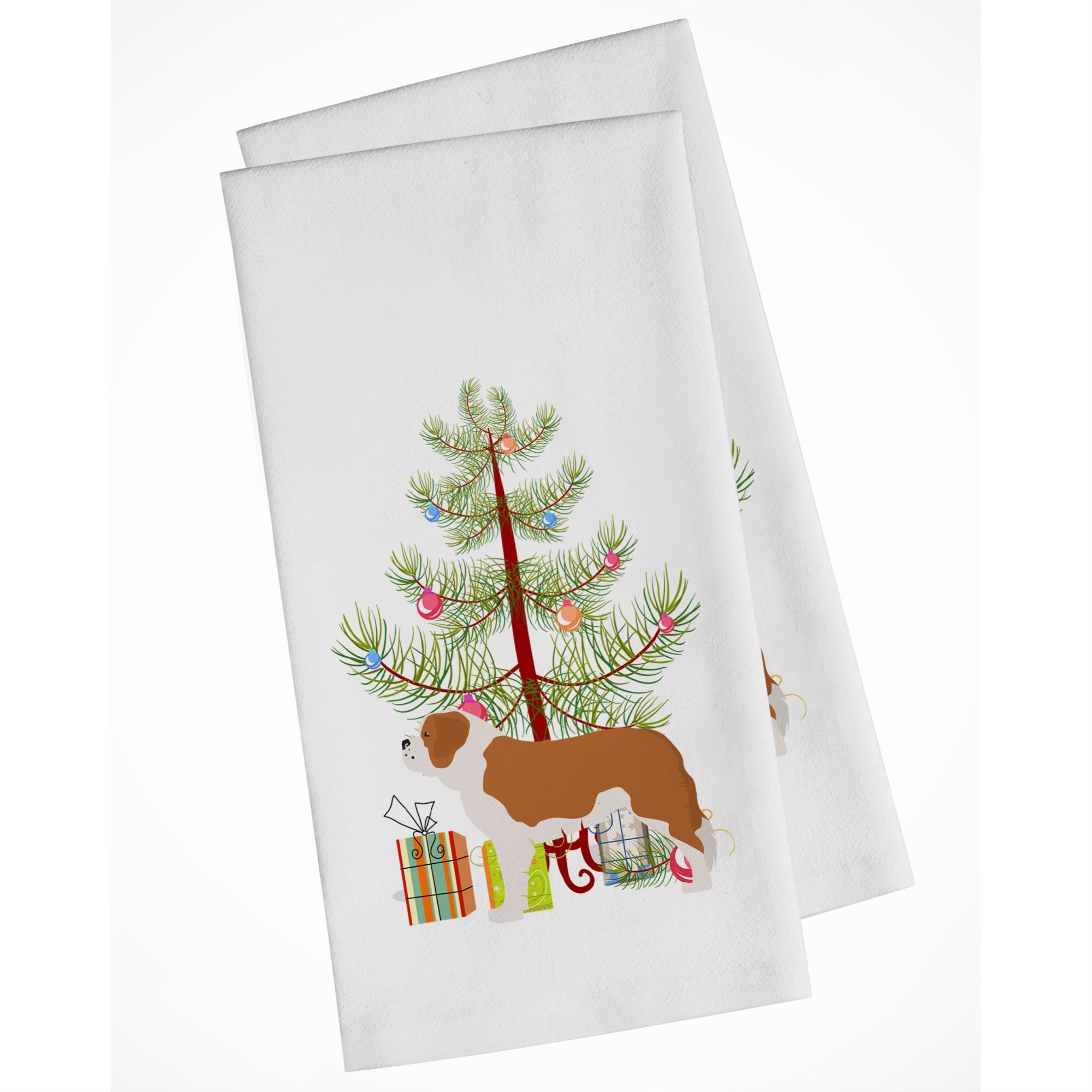 Saint Bernard Merry Christmas Tree White Kitchen Towel Set Of 2