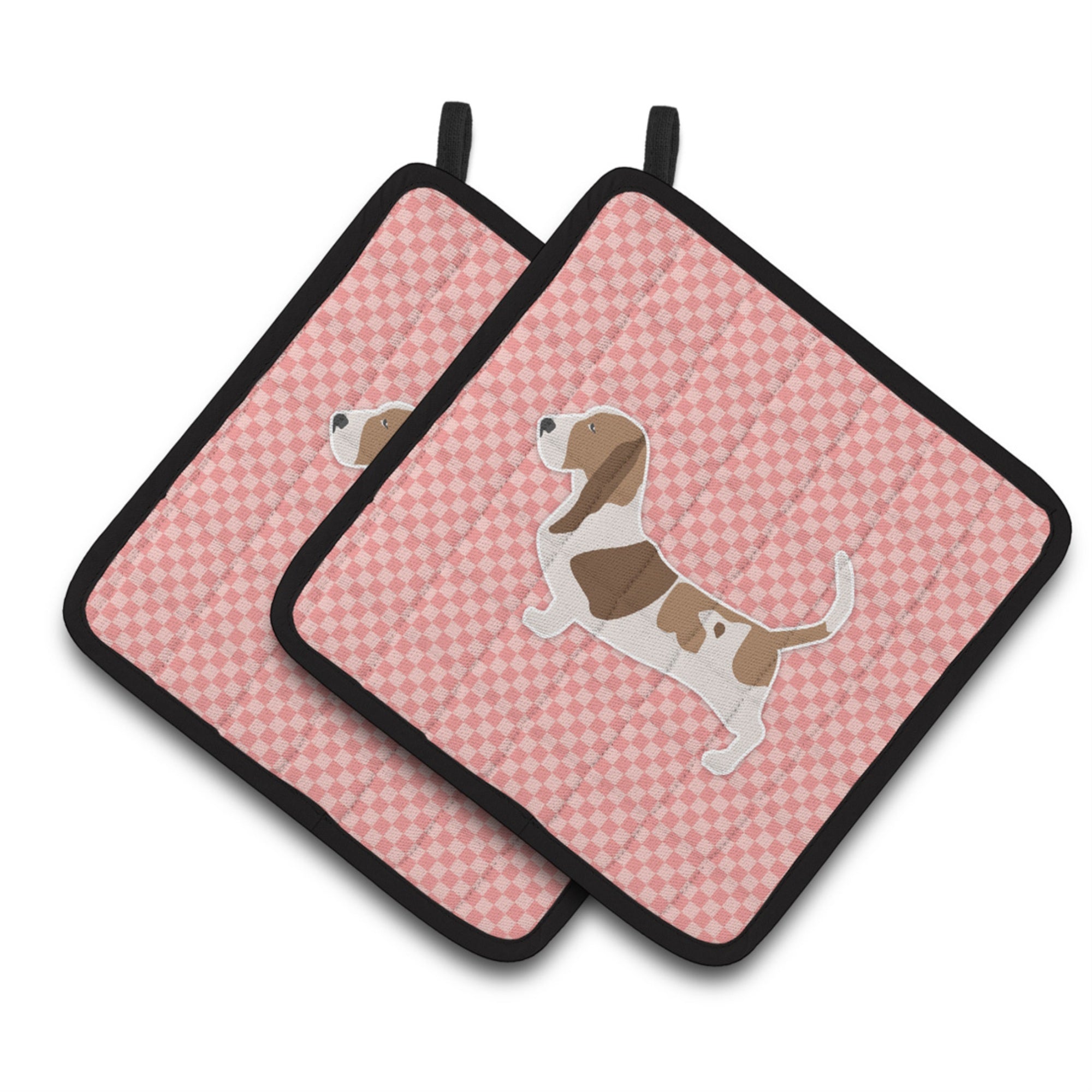 'Caroline'S Treasures Basset Hound Checkerboard Pink Pair Of Pot Holders Bb3602Pthd, 7.5Hx7.5W, Multicolor''