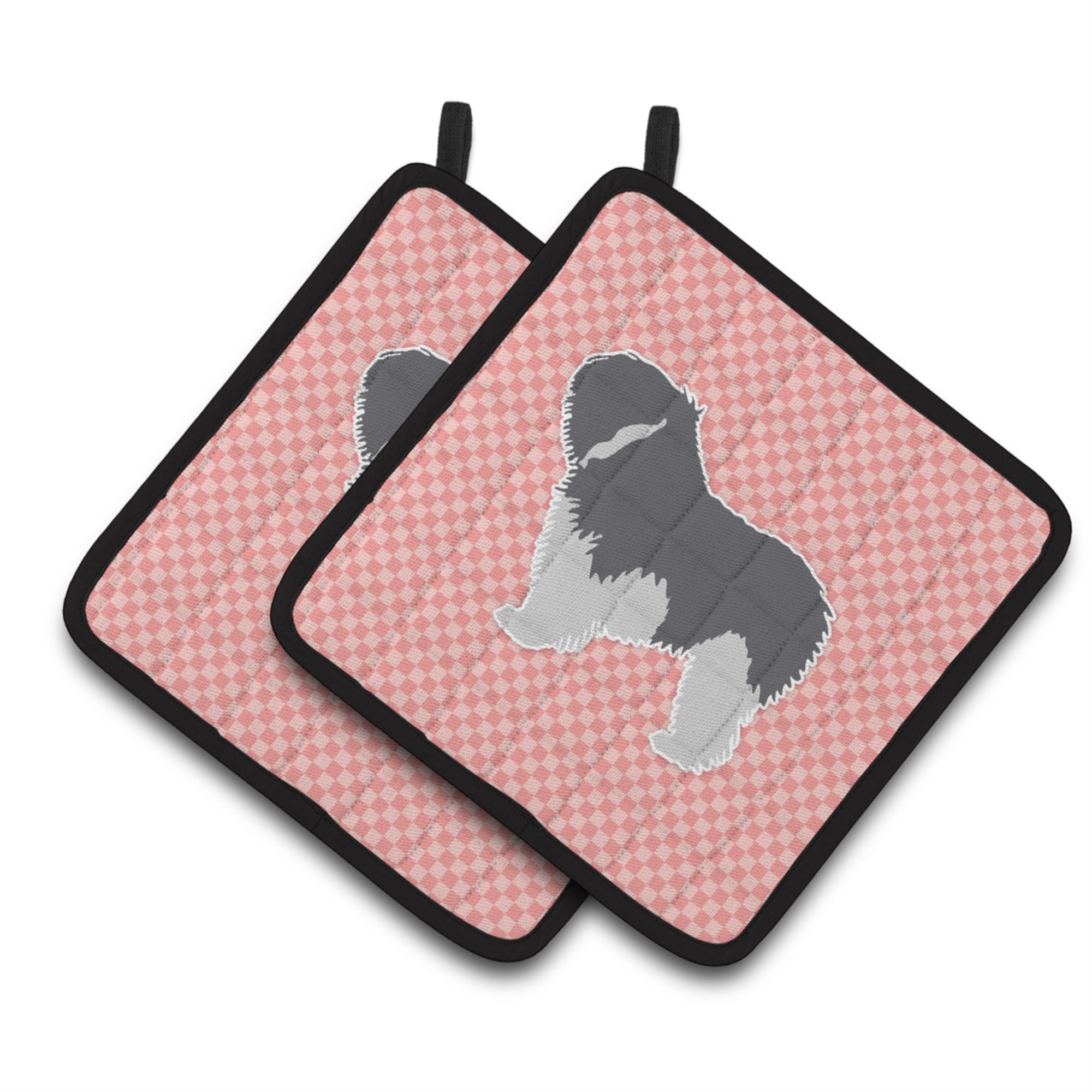 'Caroline'S Treasures Bb3632Pthd Polish Lowland Sheepdog Dog Checkerboard Pink Pair Of Pot Holders, 7.5H'''' X 7.5'''' W, Multi