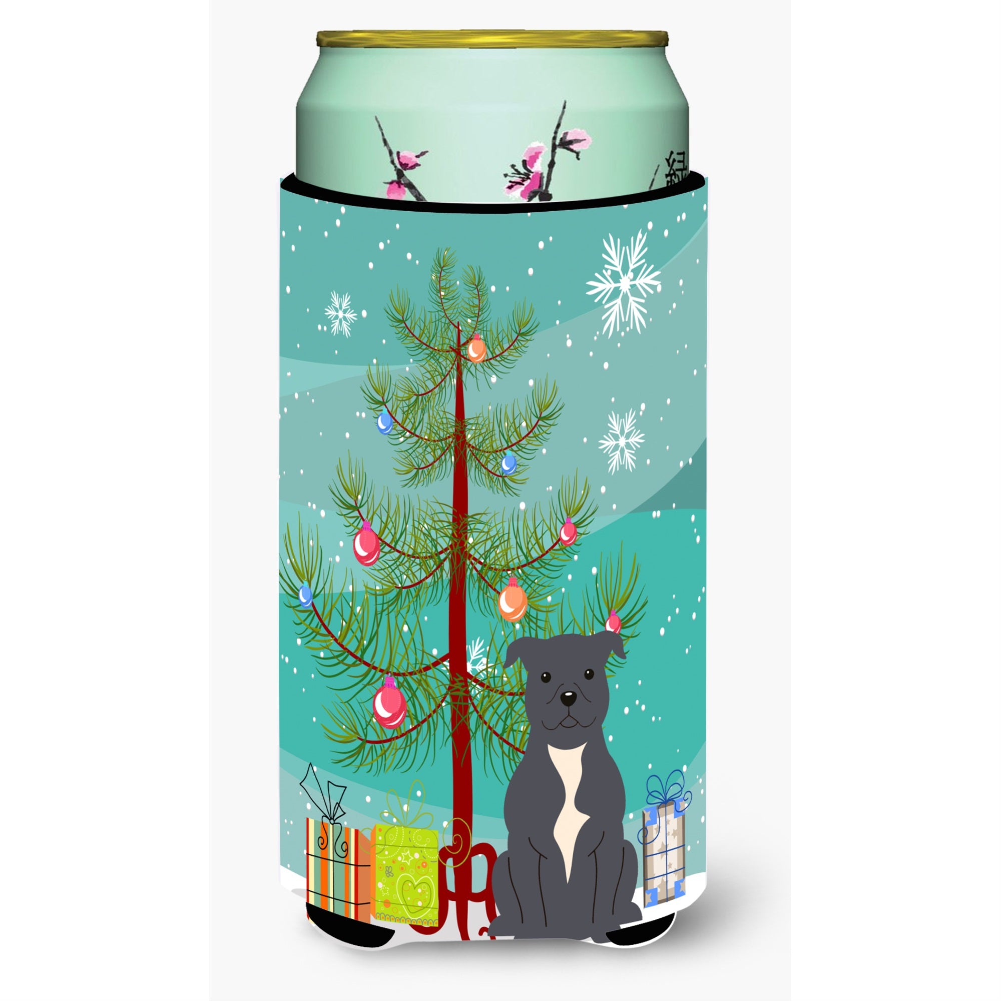 'Caroline'S Treasures Merry Christmas Tree Staffordshire Bull Terrier Blue Tall Boy Beverage Insulator Hugger Bb4171Tbc, Multic