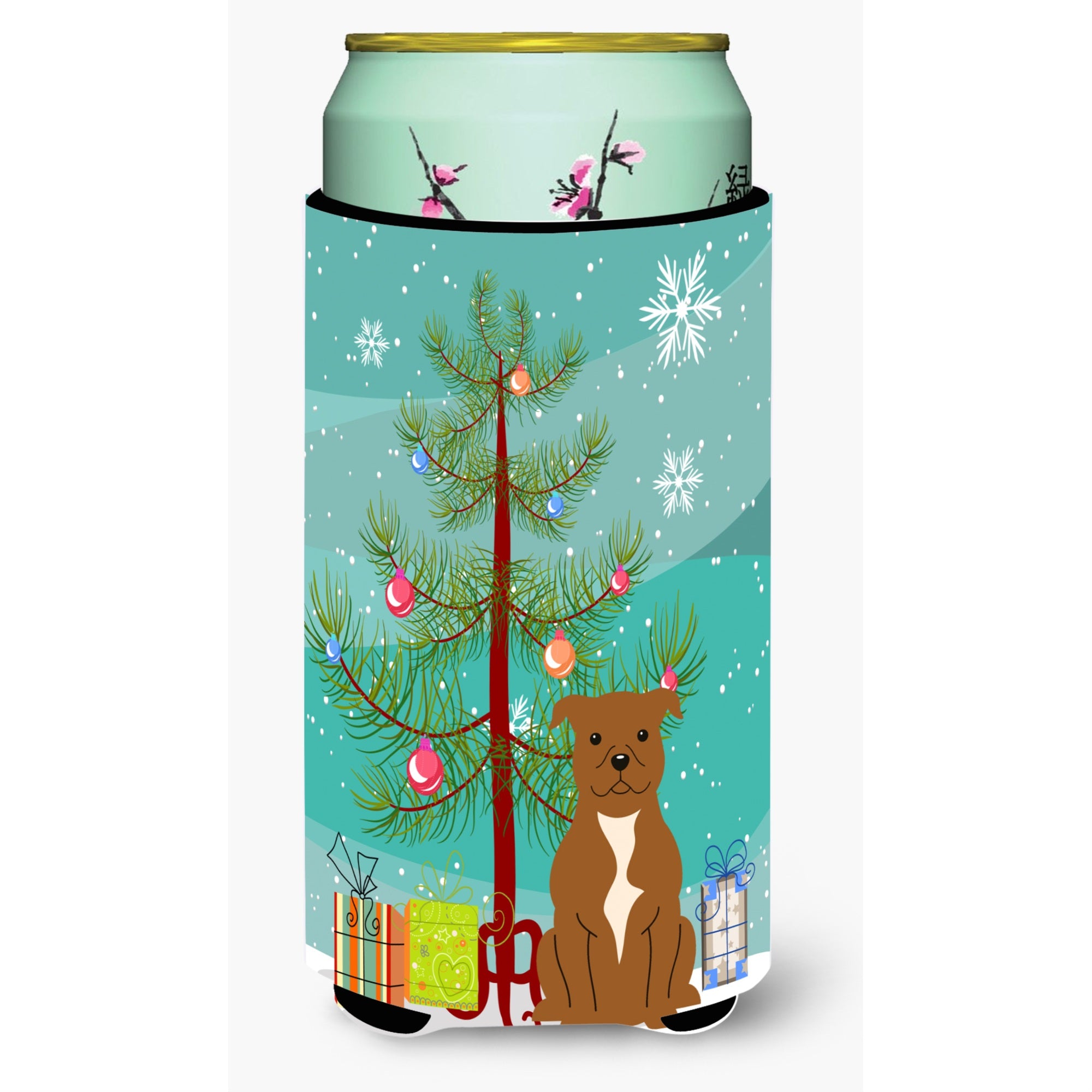 Carolines Treasures Merry Christmas Tree Staffordshire Bull Terrier Brown Tall Boy Beverage Insulator Hugger BB4172TBC, Multico