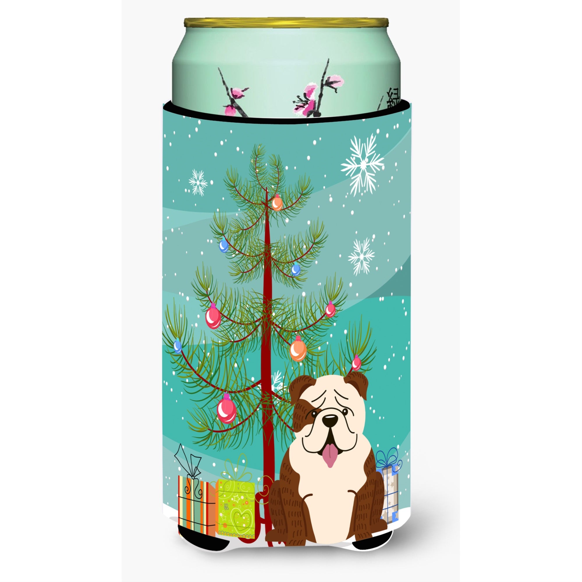 'Caroline'S Treasures Merry Christmas Tree English Bulldog Brindle White Tall Boy Beverage Insulator Hugger Bb4246Tbc, Multicol