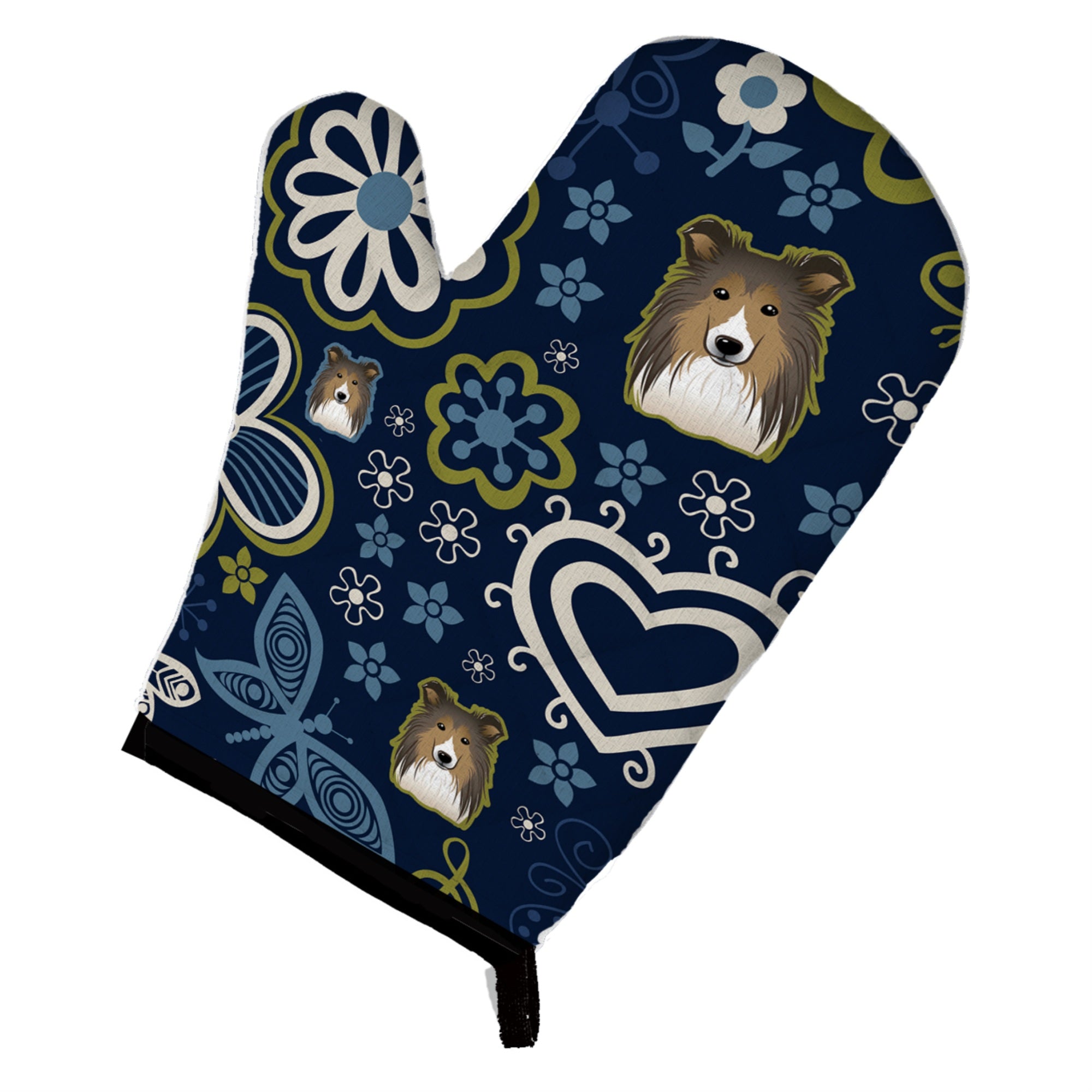 'Caroline'S Treasures Blue Flowers Sheltie, Large, Multicolor Oven Mitt''