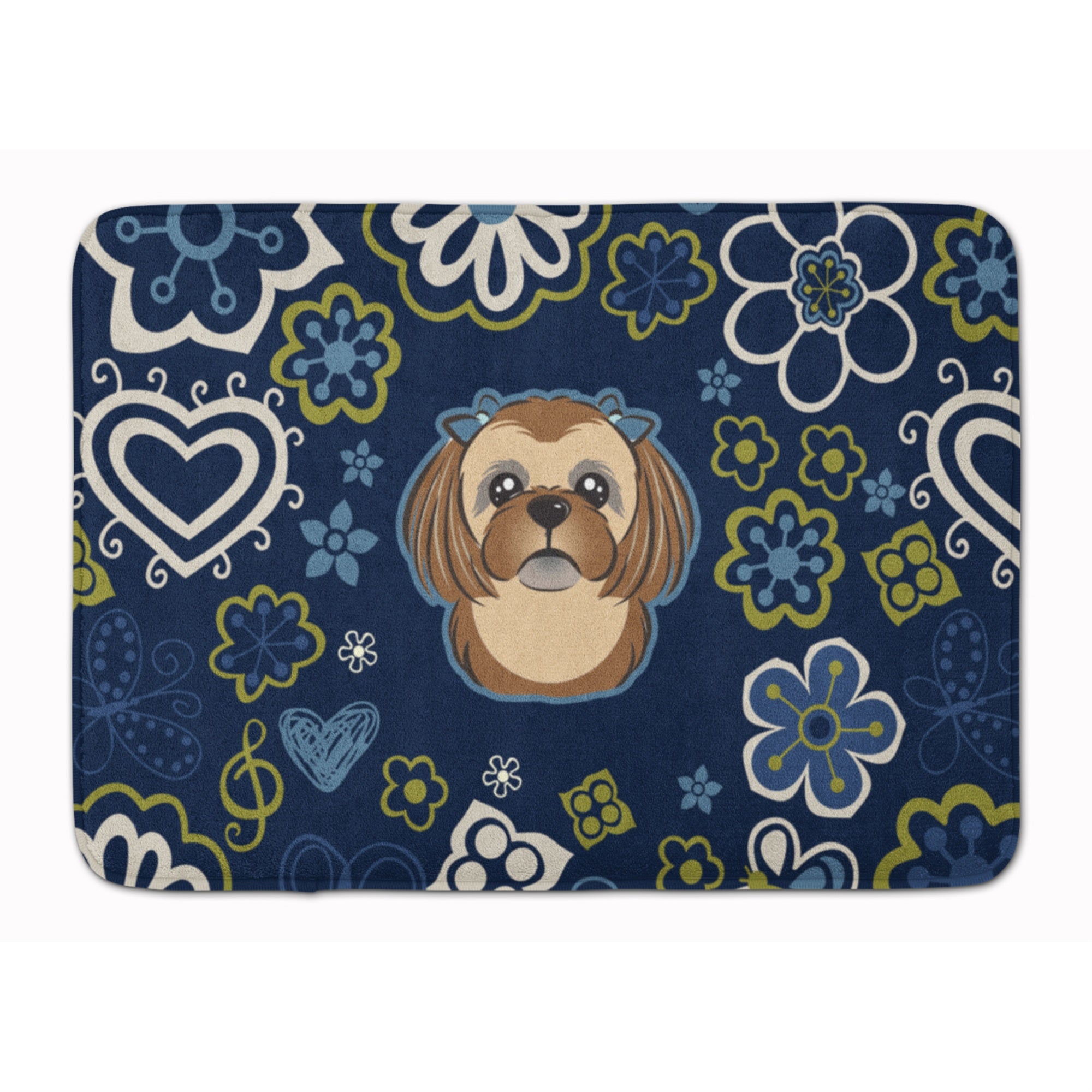 'Caroline'S Treasures Blue Flowers Chocolate Brown Shih Tzu Floor Mat, 19'''' X 27'''', Multicolor''