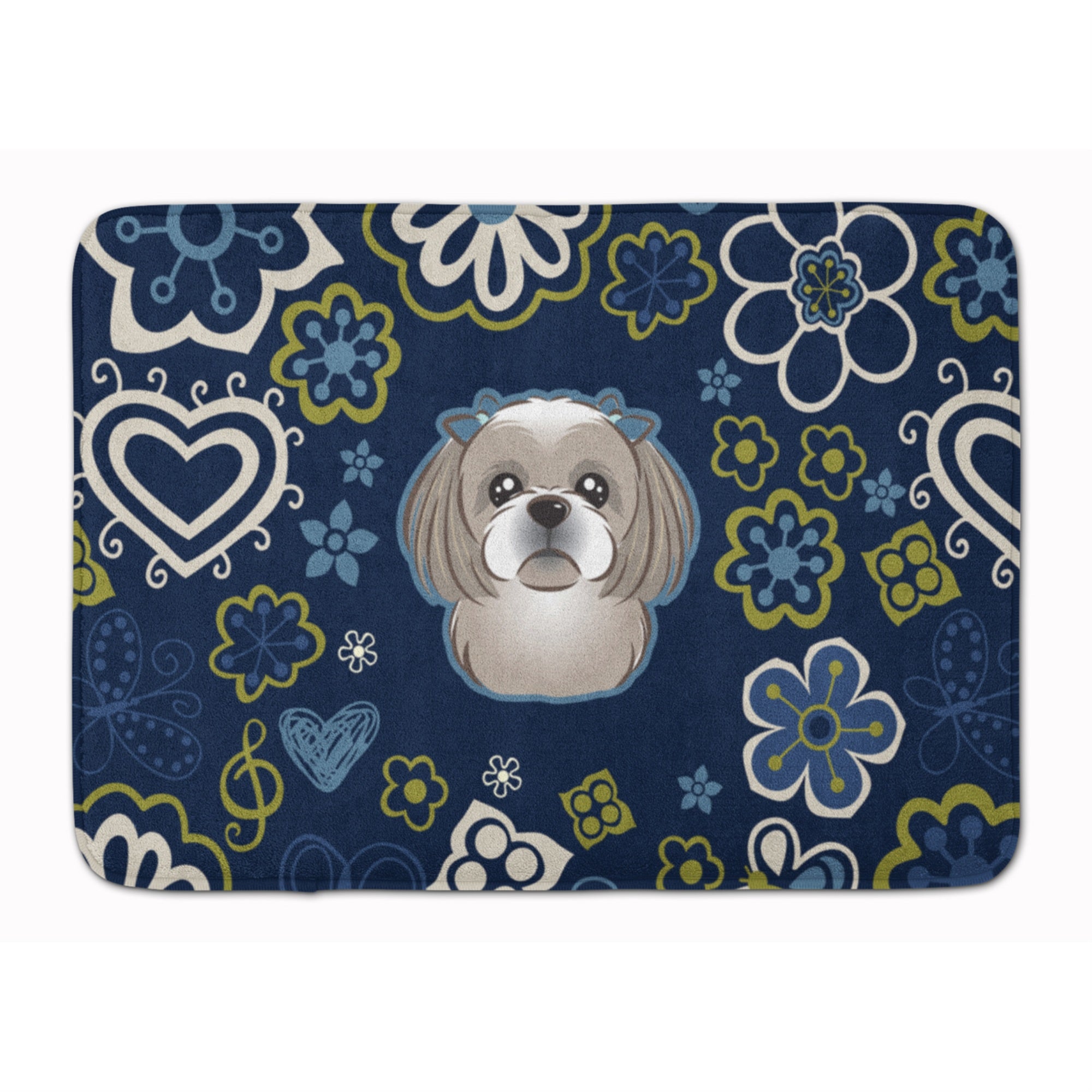'Caroline'S Treasures Blue Flowers Gray Silver Shih Tzu Floor Mat, 19'''' X 27'''', Multicolor''
