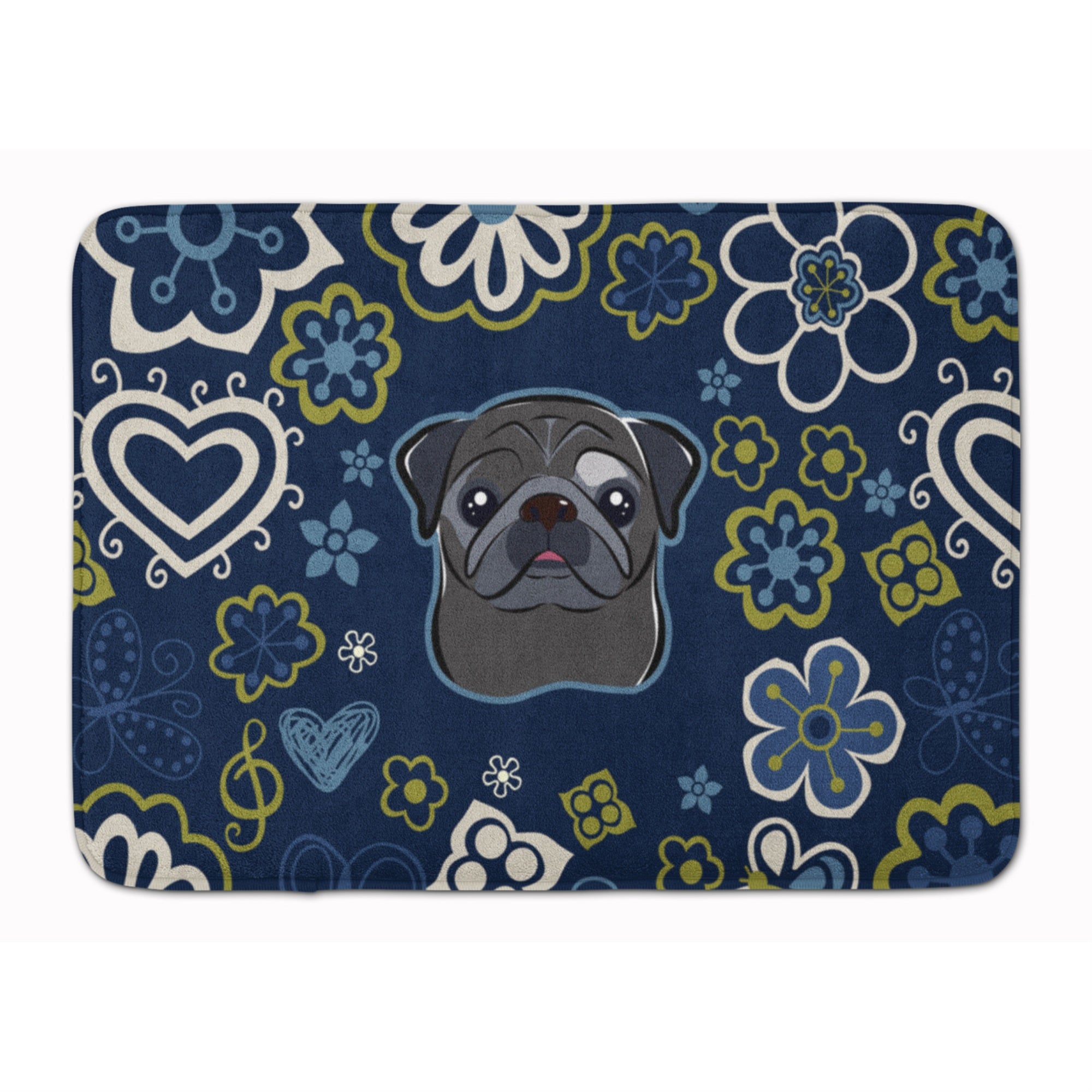 'Caroline'S Treasures Blue Flowers Black Pug Floor Mat, 19'''' X 27'''', Multicolor''