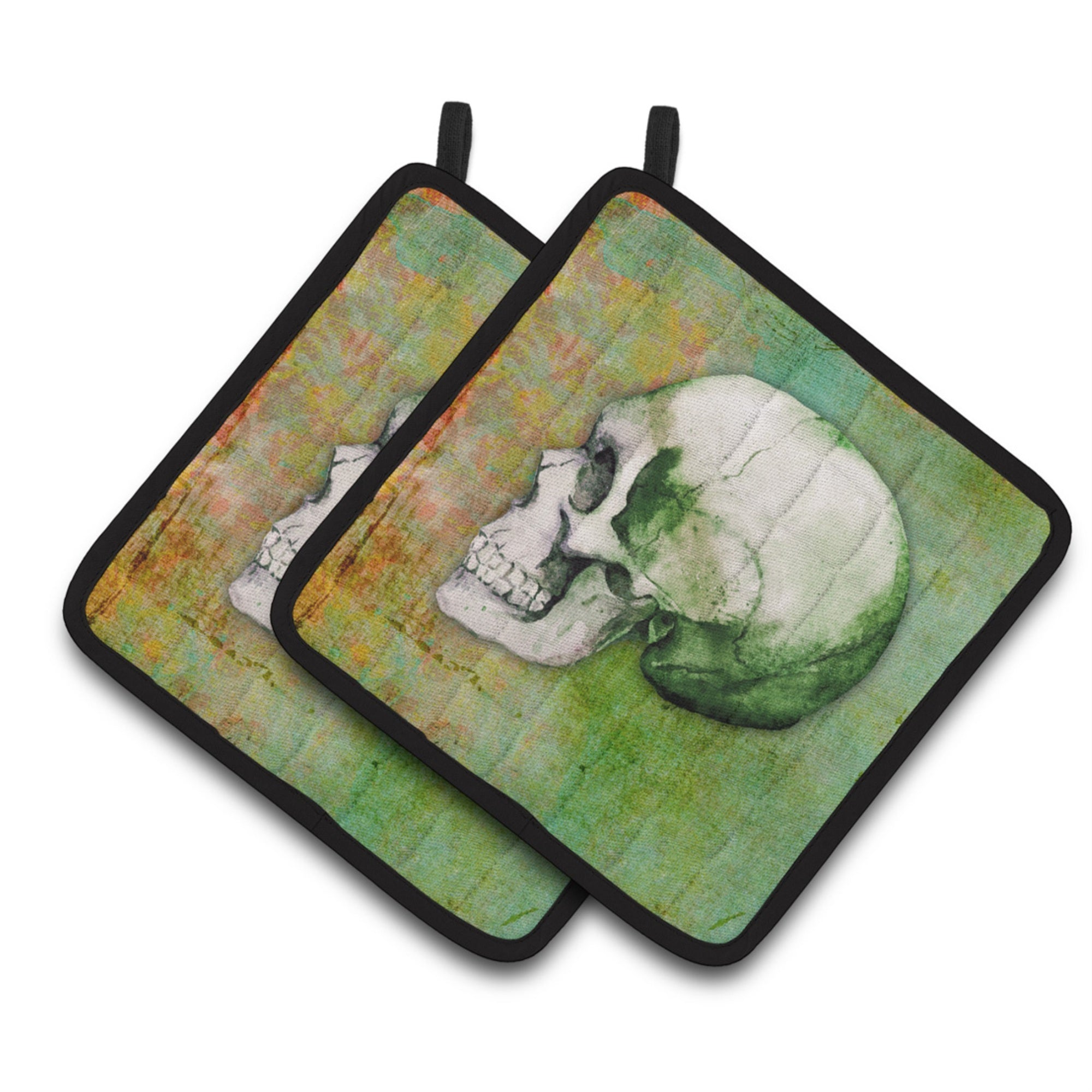 'Caroline'S Treasures Day Of The Dead Green Skull Pair Of Pot Holders, 7.5Hx7.5W, Multicolor''