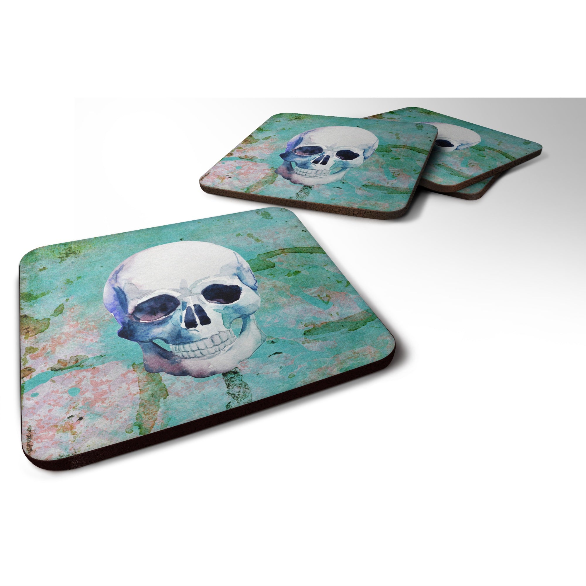 'Caroline'S Treasures Day Of The Dead Teal Skull Foam Coaster Set Of 4, 3.5, Multicolor''