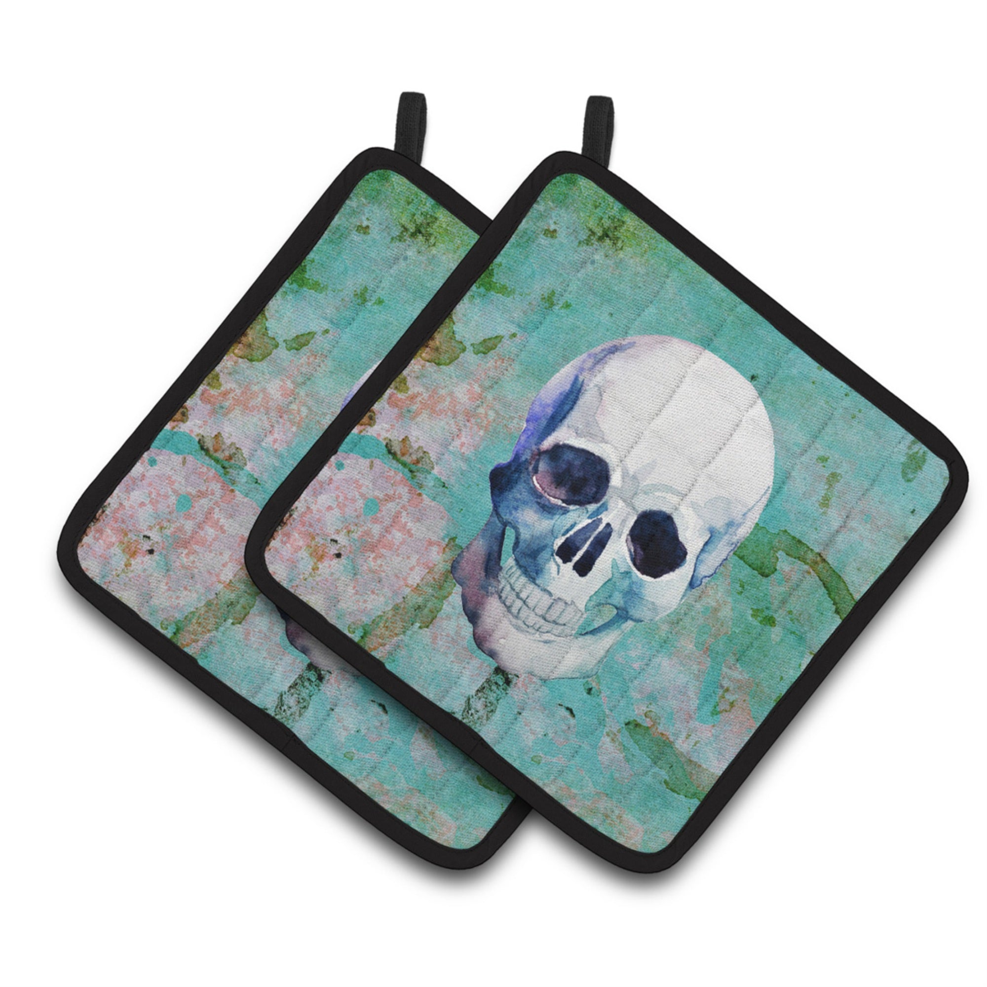 'Caroline'S Treasures Day Of The Dead Teal Skull Pair Of Pot Holders, 7.5Hx7.5W, Multicolor''