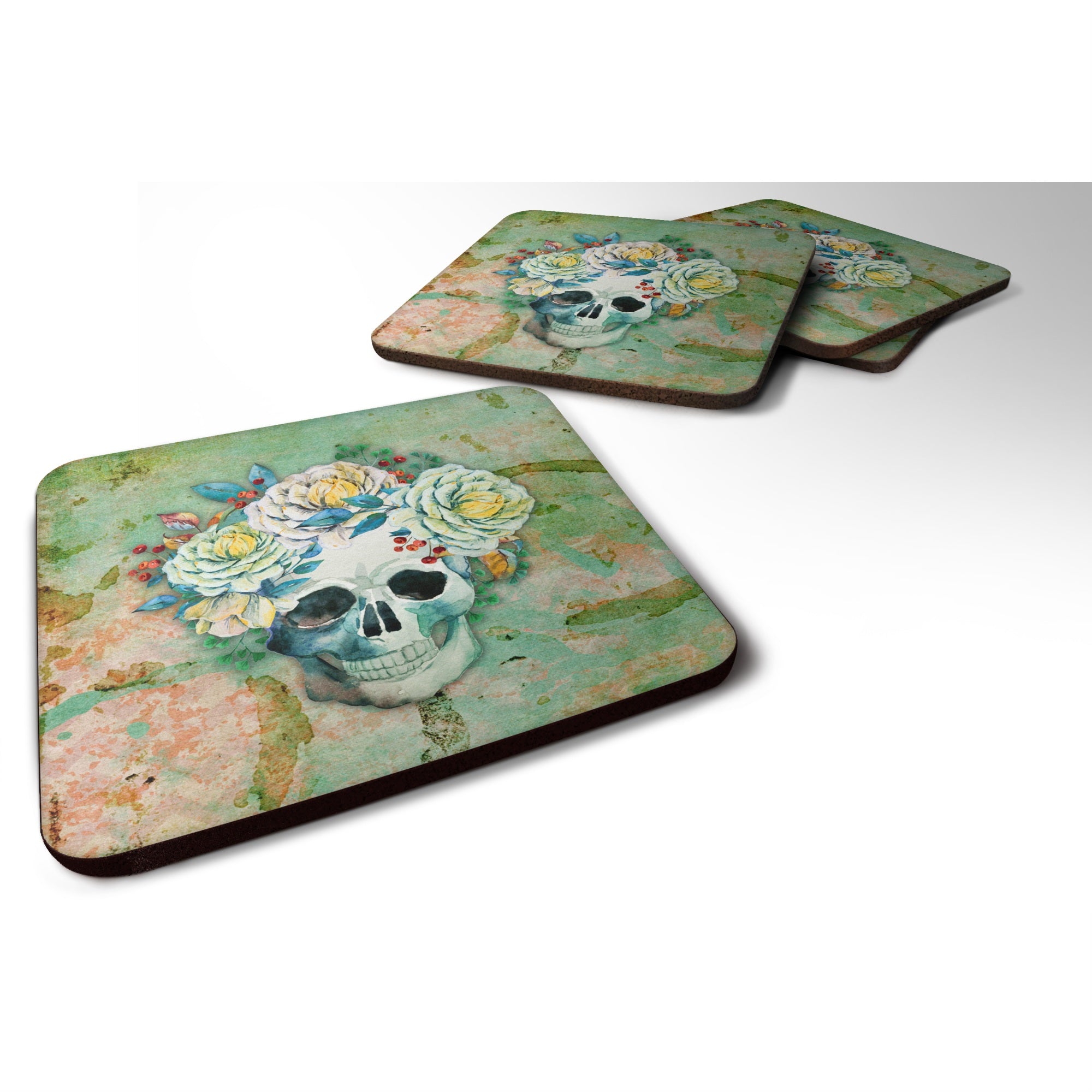 'Caroline'S Treasures Day Of The Dead Skull With Flowers Foam Coaster Set Of 4, 3.5, Multicolor''