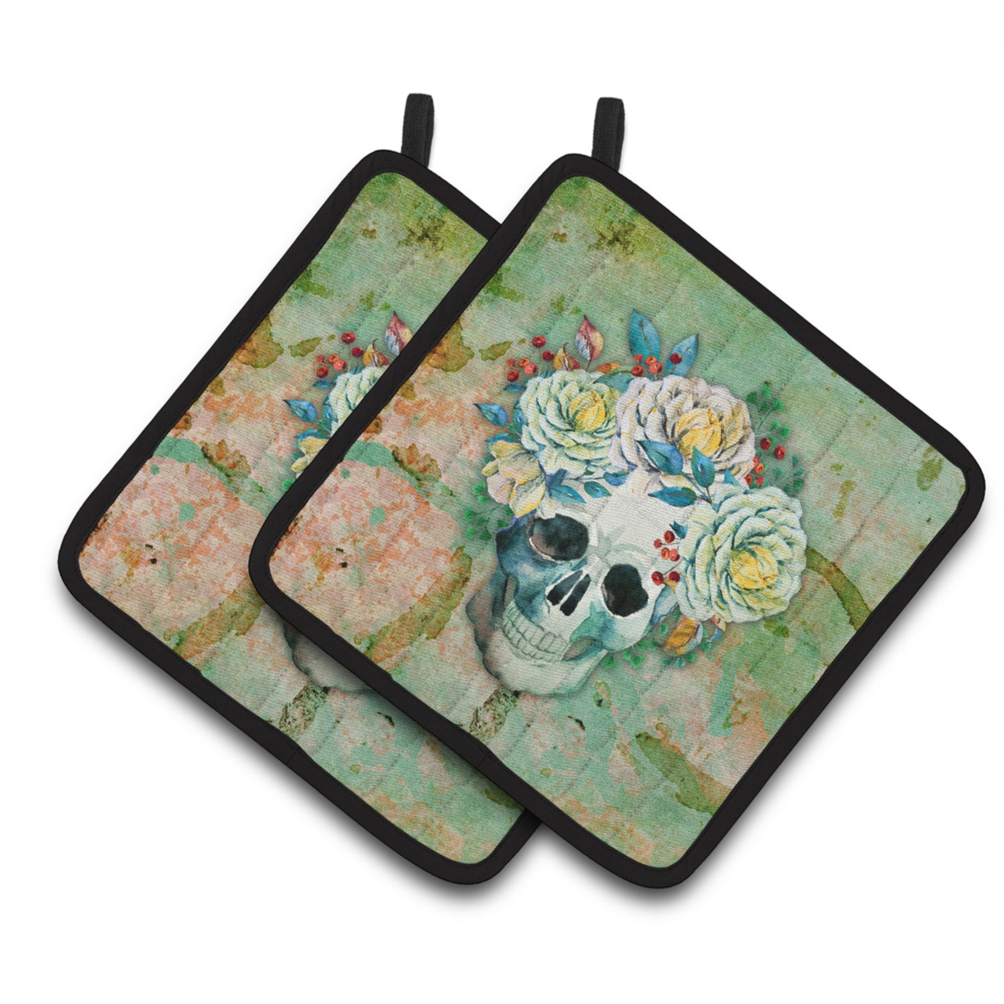 'Caroline'S Treasures Day Of The Dead Skull With Flowers Pair Of Pot Holders, 7.5Hx7.5W, Multicolor''