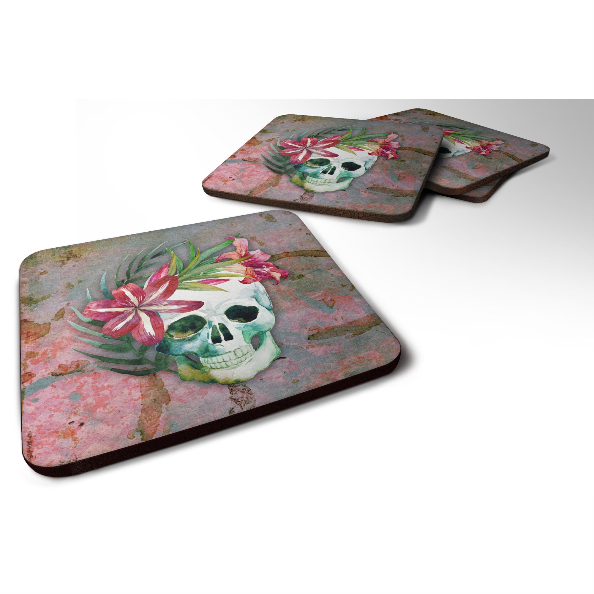 'Caroline'S Treasures Day Of The Dead Skull Flowers Foam Coaster Set Of 4, 3.5, Multicolor''