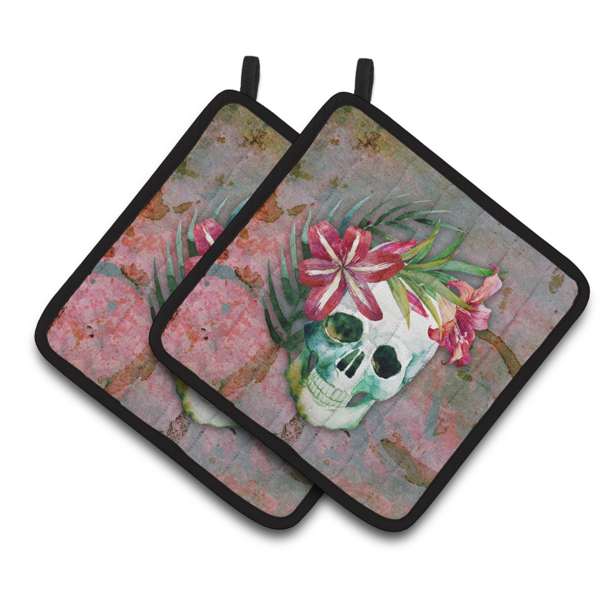 'Caroline'S Treasures Day Of The Dead Skull Flowers Pair Of Pot Holders, 7.5Hx7.5W, Multicolor''