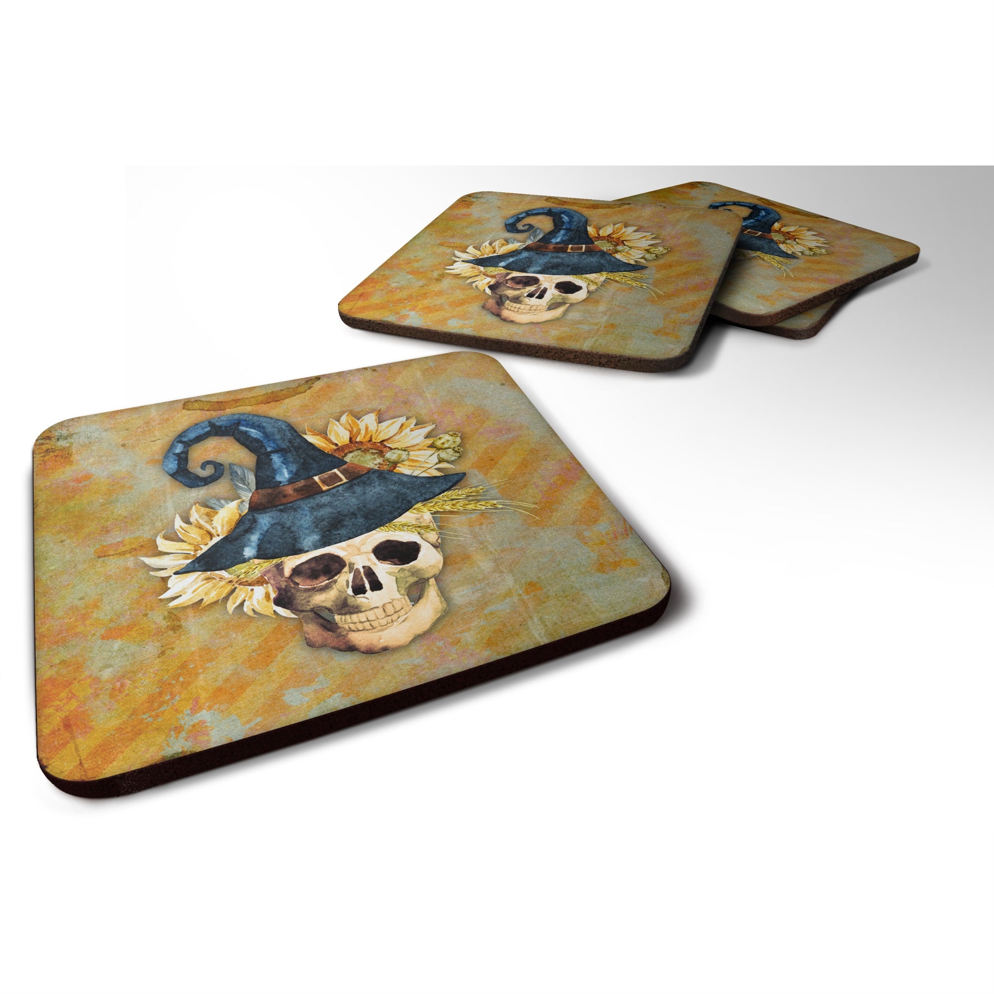 'Caroline'S Treasures Day Of The Dead Witch Skull Foam Coaster Set Of 4, 3.5, Multicolor''