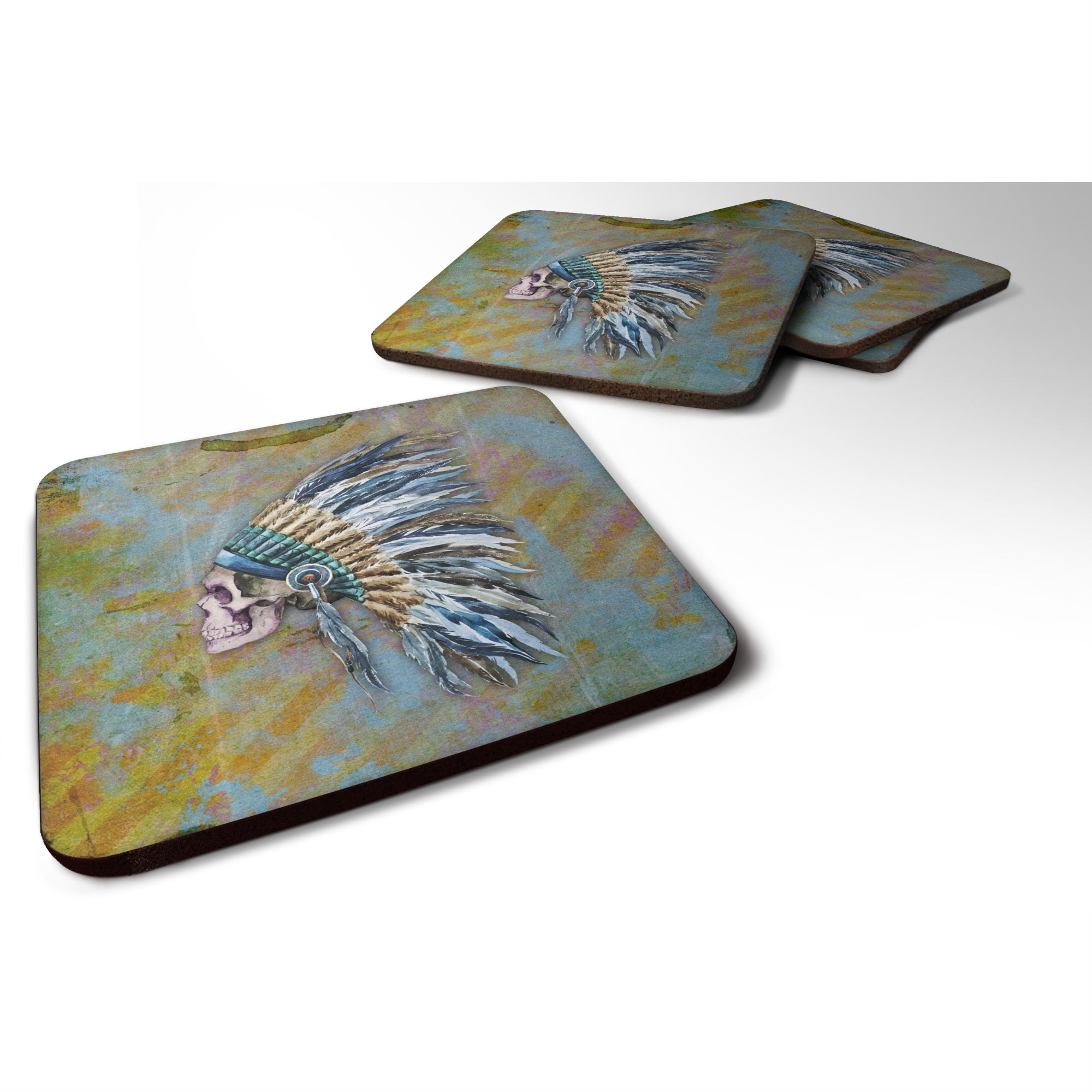 'Caroline'S Treasures Day Of The Dead Indian Chief Skull Foam Coaster Set Of 4, 3.5, Multicolor''