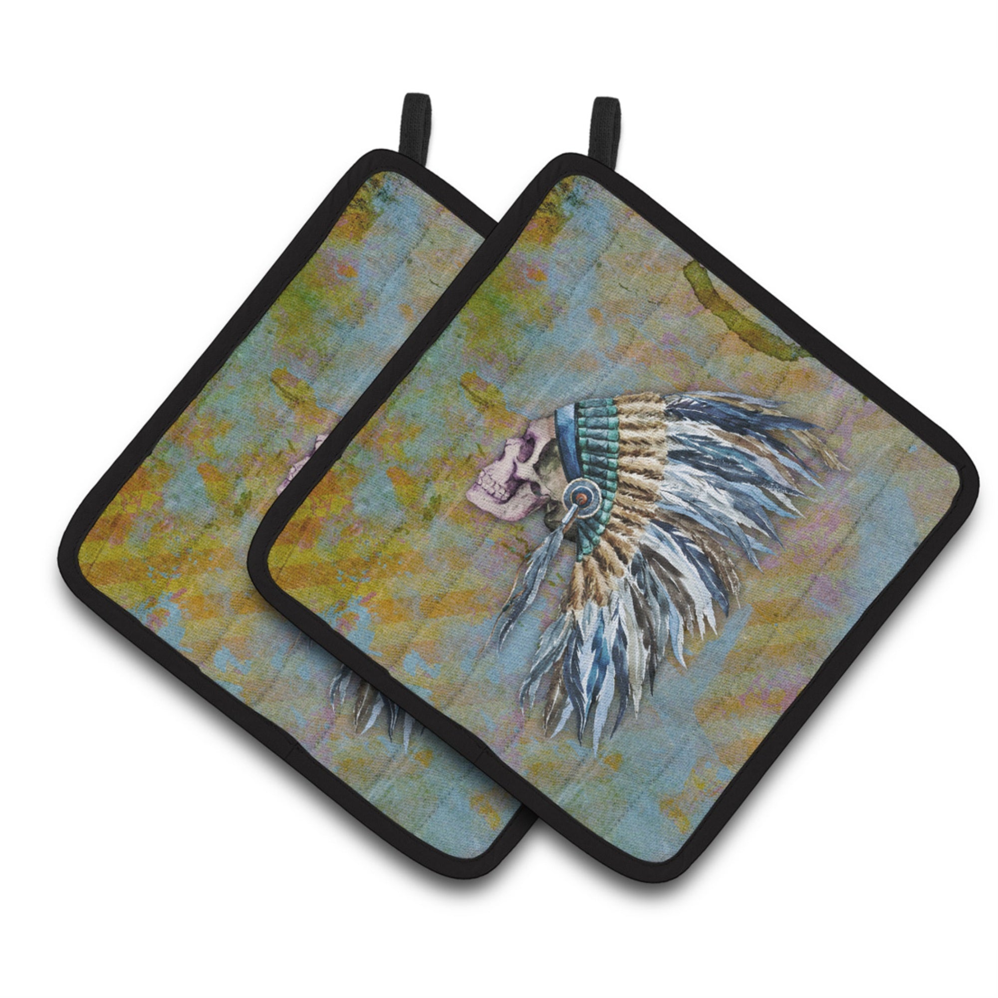 'Caroline'S Treasures Day Of The Dead Indian Chief Skull Pair Of Pot Holders, 7.5Hx7.5W, Multicolor''
