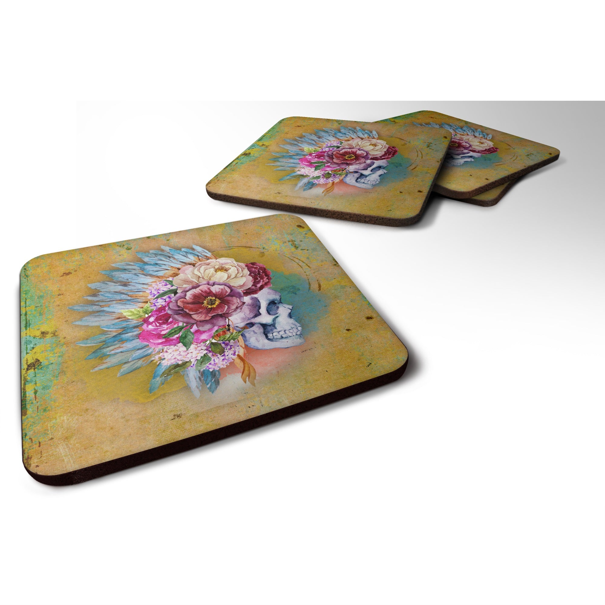 'Caroline'S Treasures Day Of The Dead Flowers Skull Foam Coaster Set Of 4, 3.5, Multicolor''