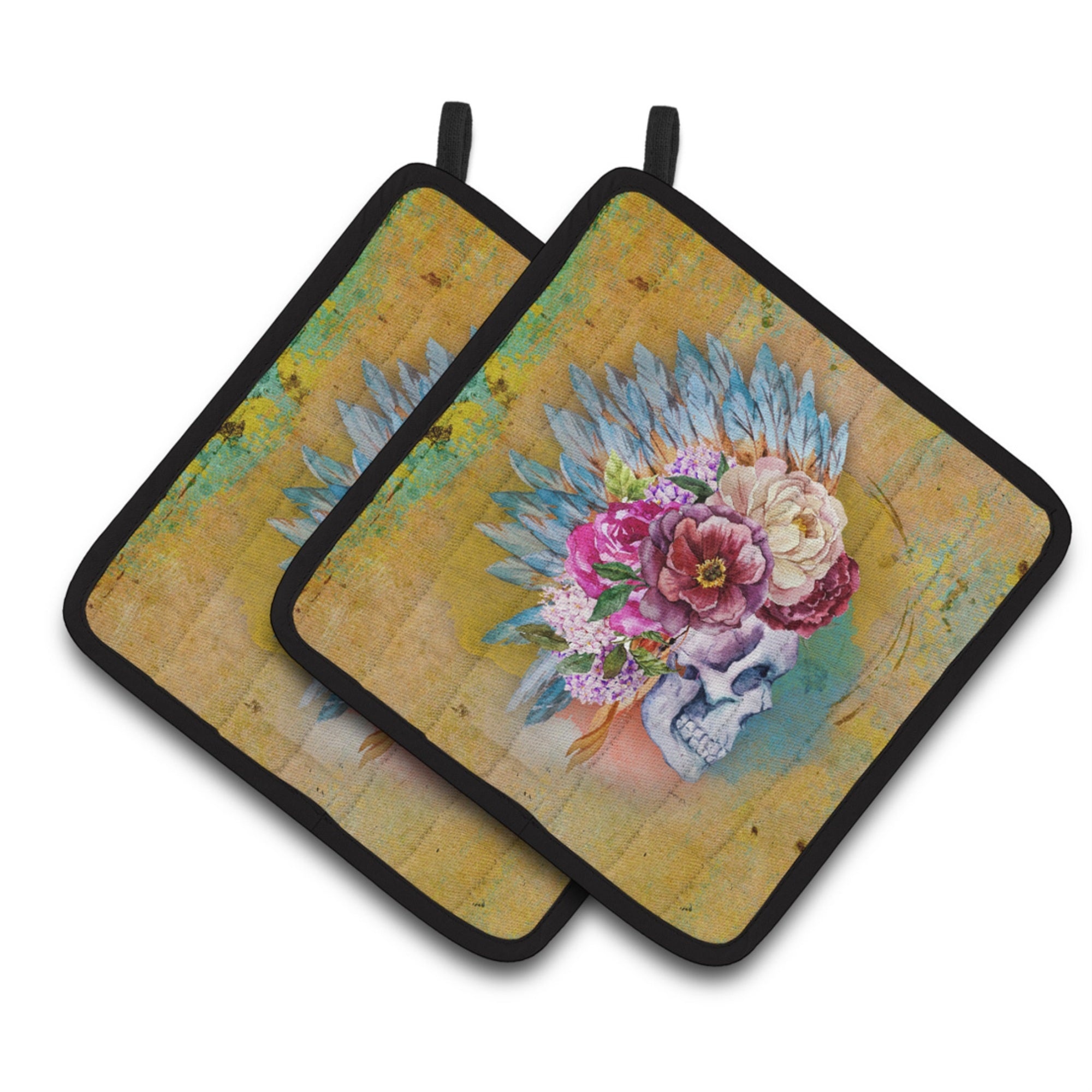 'Caroline'S Treasures Day Of The Dead Flowers Skull Pair Of Pot Holders, 7.5Hx7.5W, Multicolor''
