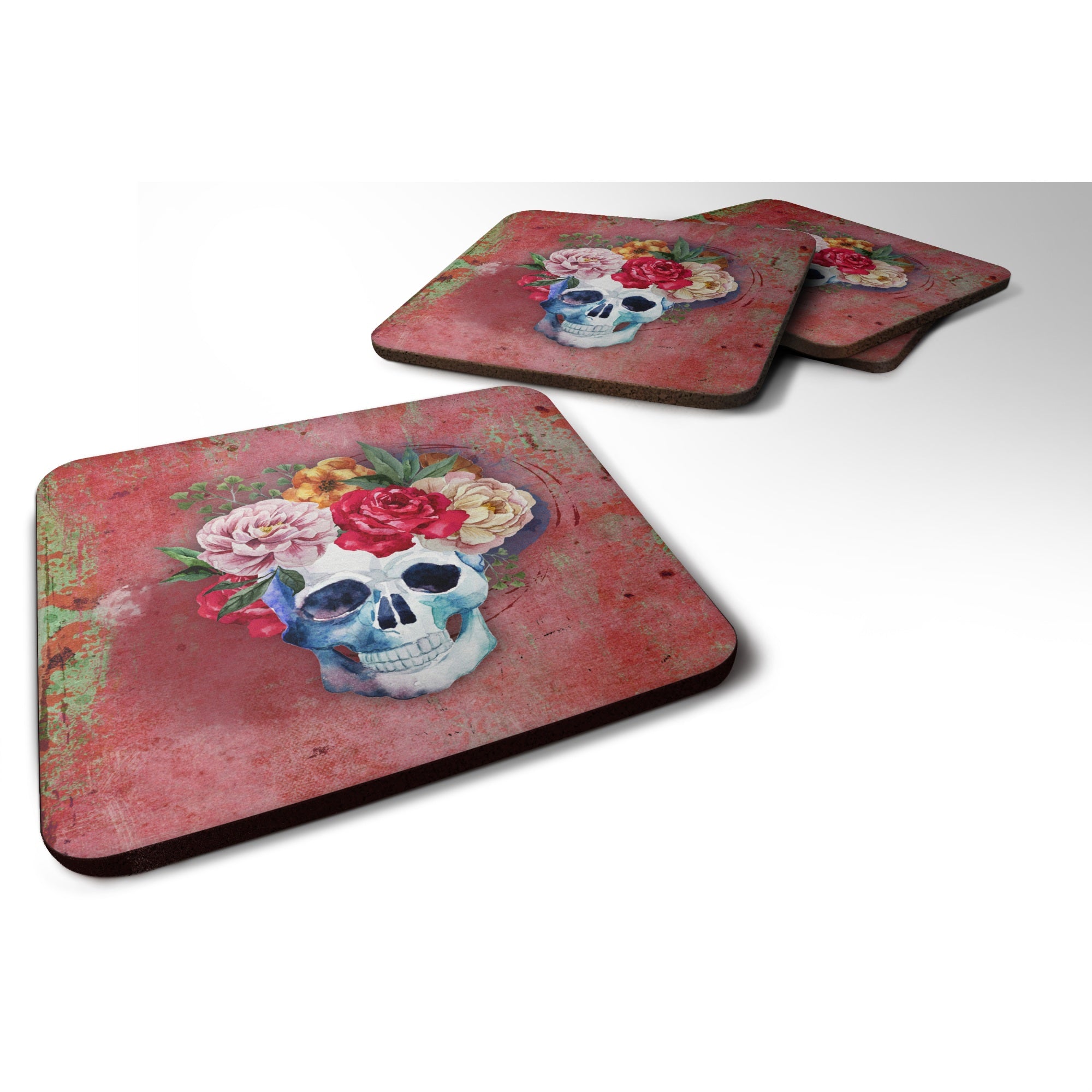 'Caroline'S Treasures Day Of The Dead Red Flowers Skull Foam Coaster Set Of 4, 3.5, Multicolor''