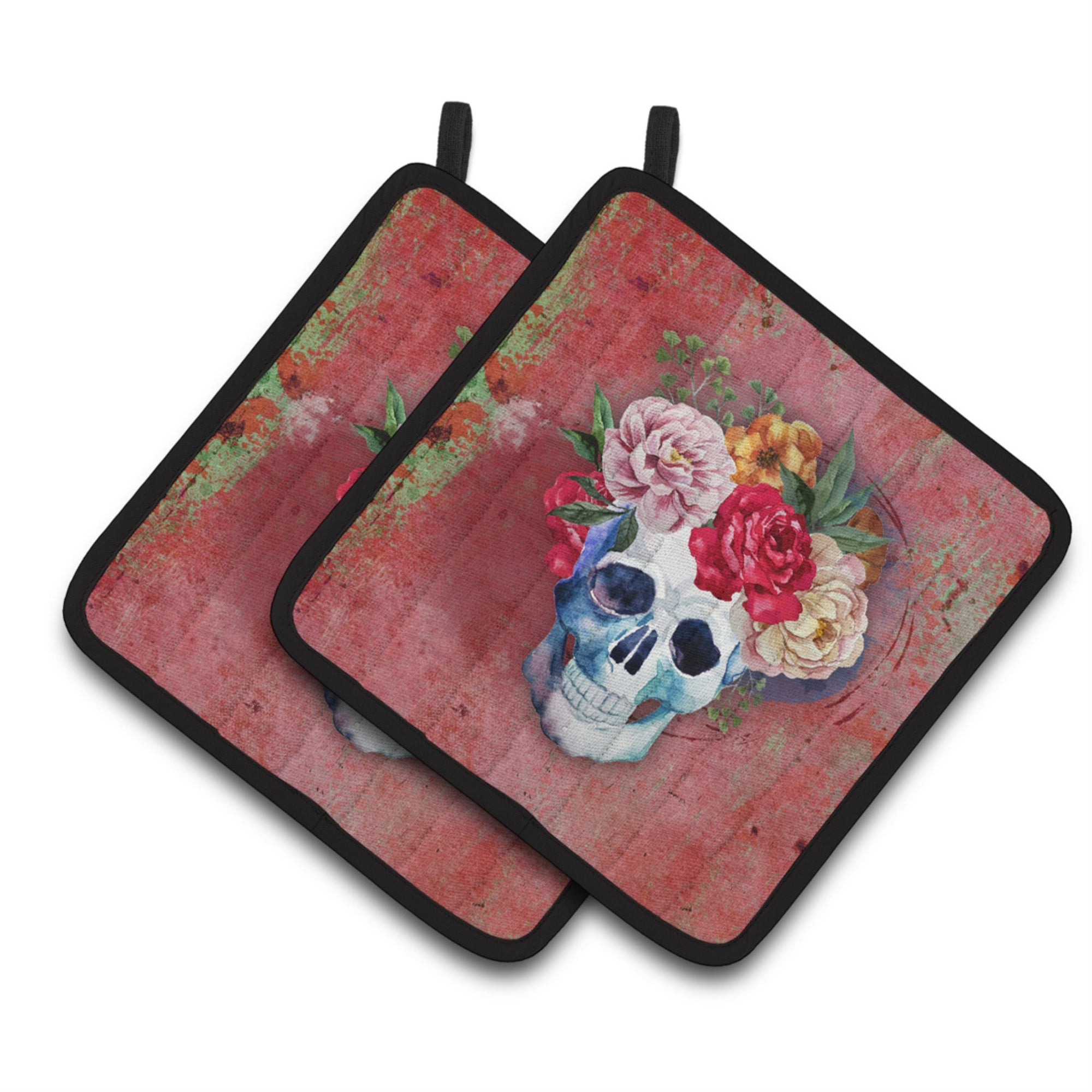 'Caroline'S Treasures Day Of The Dead Red Flowers Skull Pair Of Pot Holders, 7.5Hx7.5W, Multicolor''