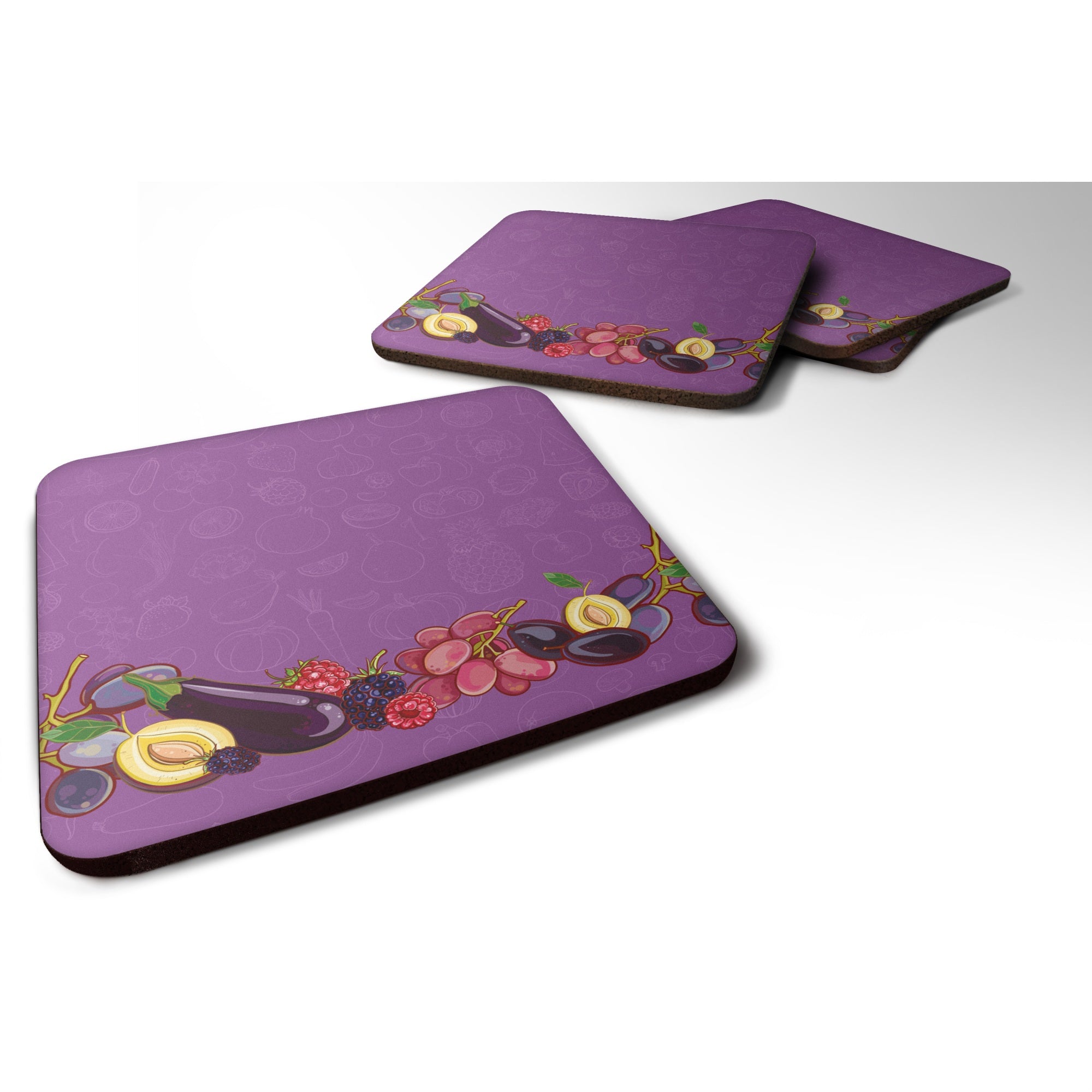 'Caroline'S Treasures Fruits & Vegetables In Purple Foam Coaster Set Of 4, 3.5, Multicolor''
