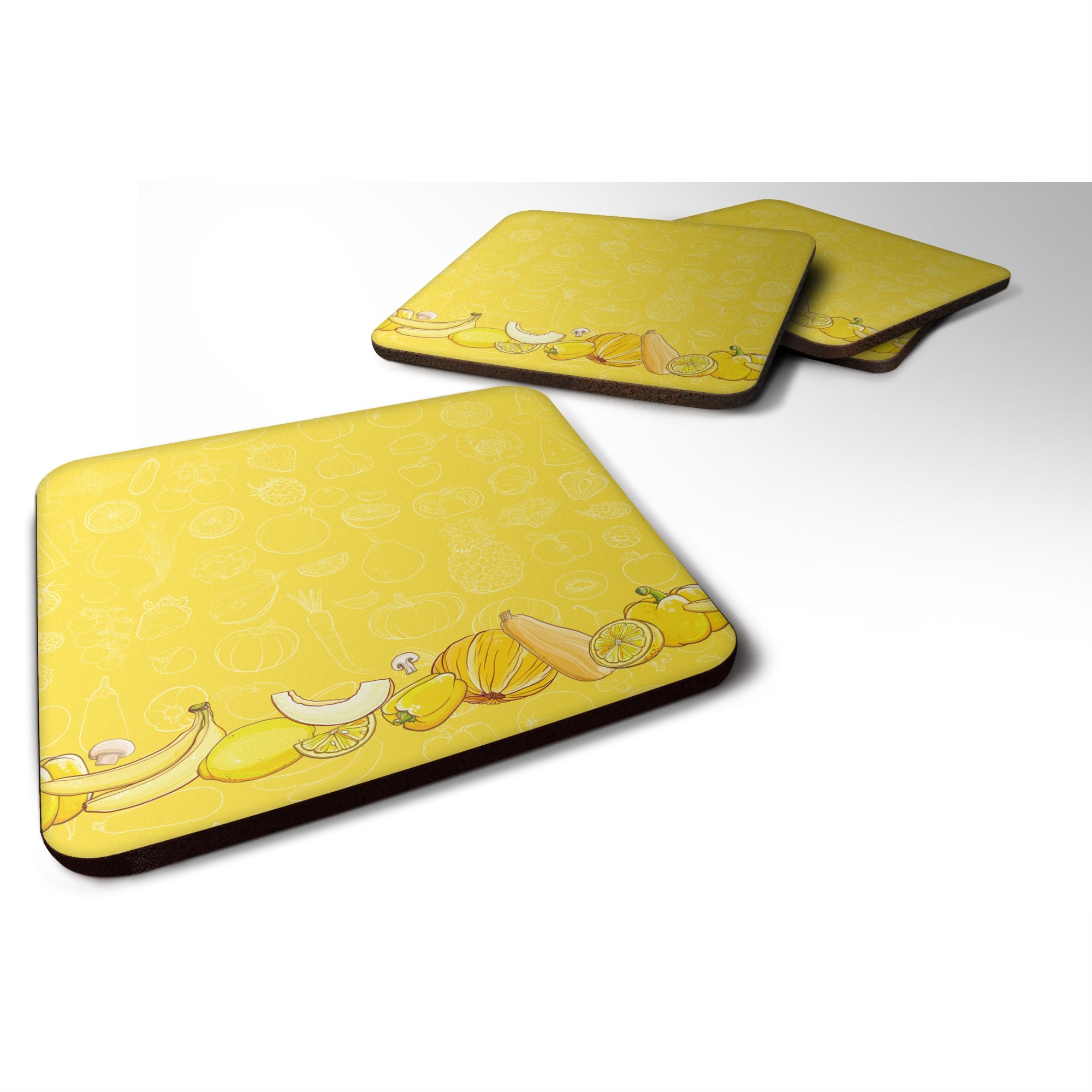 'Caroline'S Treasures Fruits & Vegetables In Yellow Foam Coaster Set Of 4, 3.5, Multicolor''