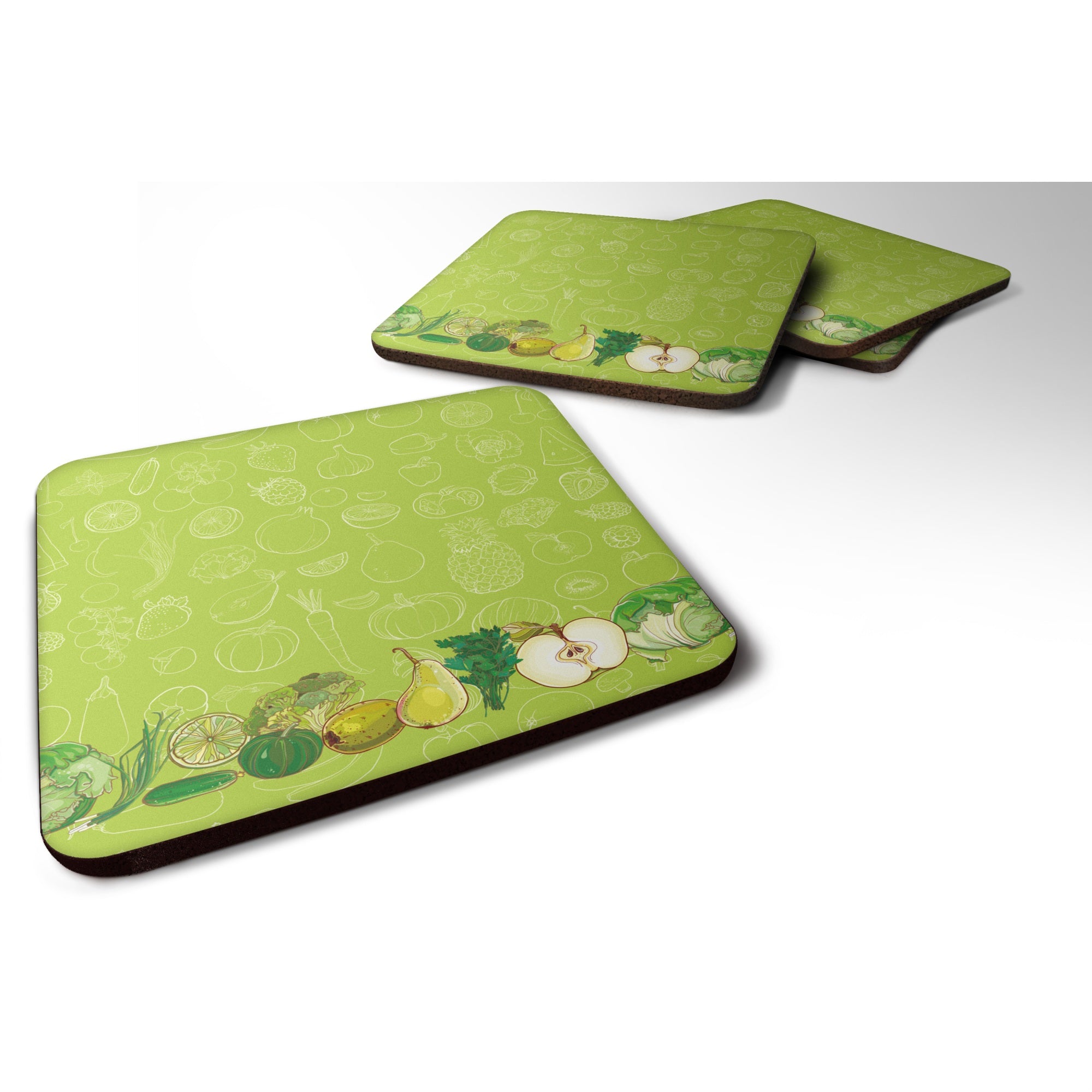 'Caroline'S Treasures Fruits & Vegetables In Green Foam Coaster Set Of 4, 3.5, Multicolor''