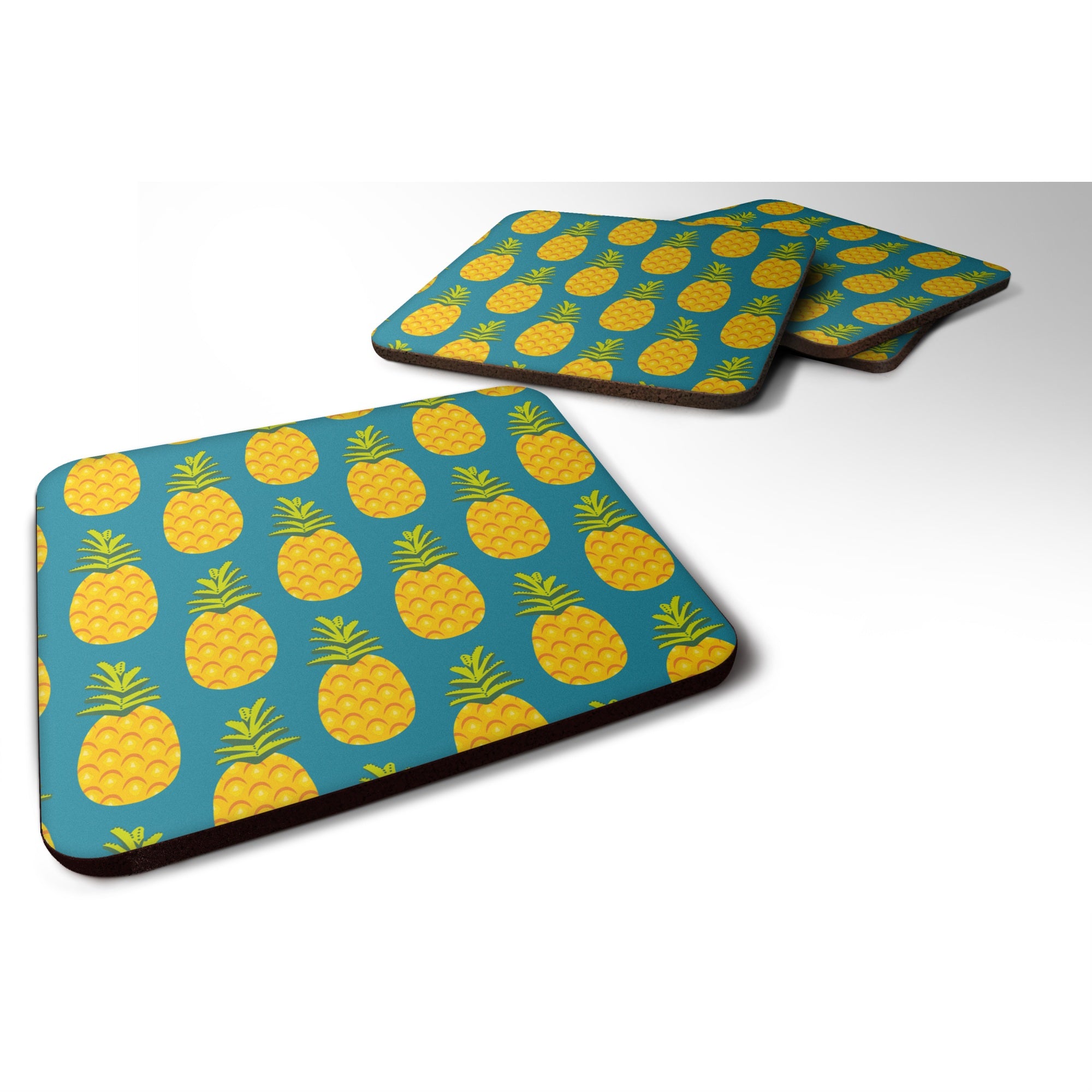 'Caroline'S Treasures Pineapples On Teal Foam Coaster Set Of 4, 3.5, Multicolor''