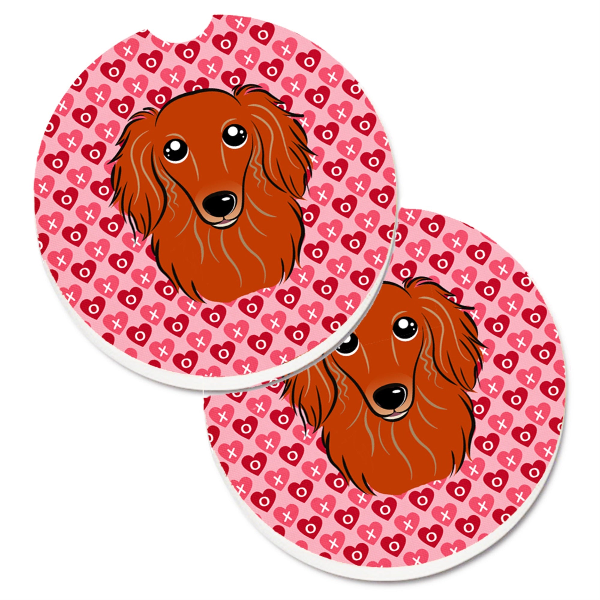 'Caroline'S Treasures Longhair Red Dachshund Hearts Set Of 2 Cup Holder Car Coasters, 2.56, Multicolor''